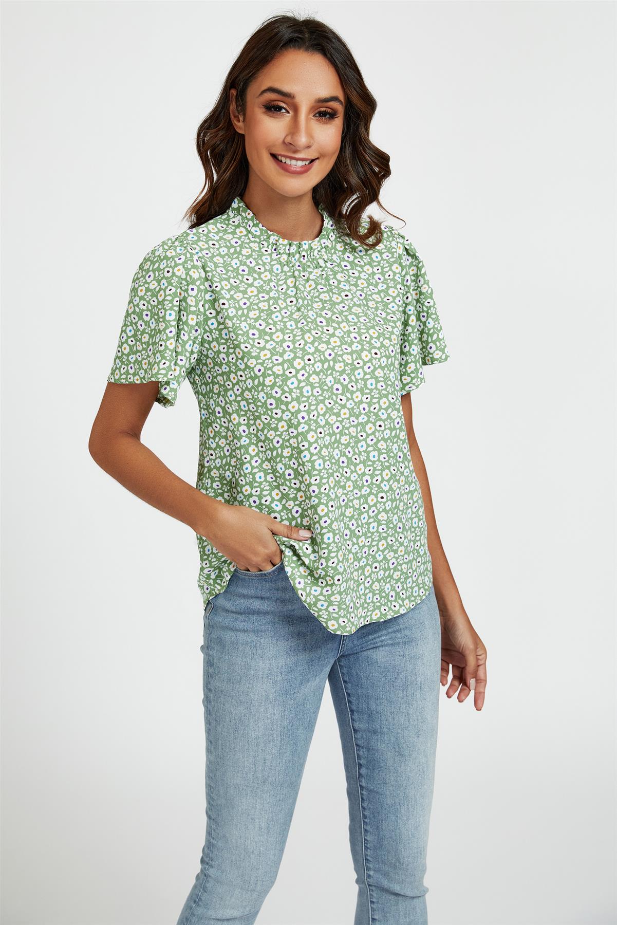 Little Floral Print Angle Sleeve High Neck Top Blouse In Green FS353-GMF