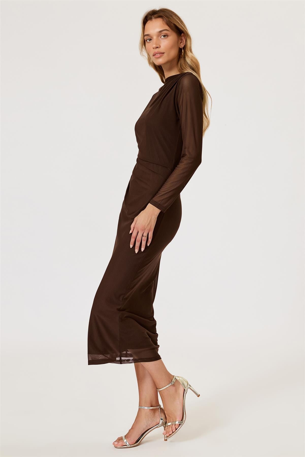 Long Sleeves Mesh Midi Dress In Brown FS776