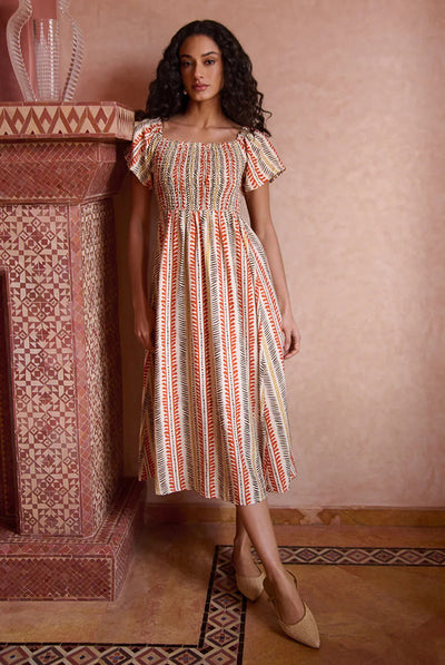 Orange - Short Sleeve Shirred Waist Abstract Print Dress by Blue Vanilla