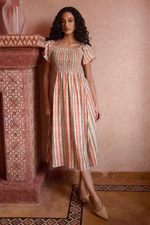 Short Sleeve Shirred Waist Abstract Print Dress by Blue Vanilla