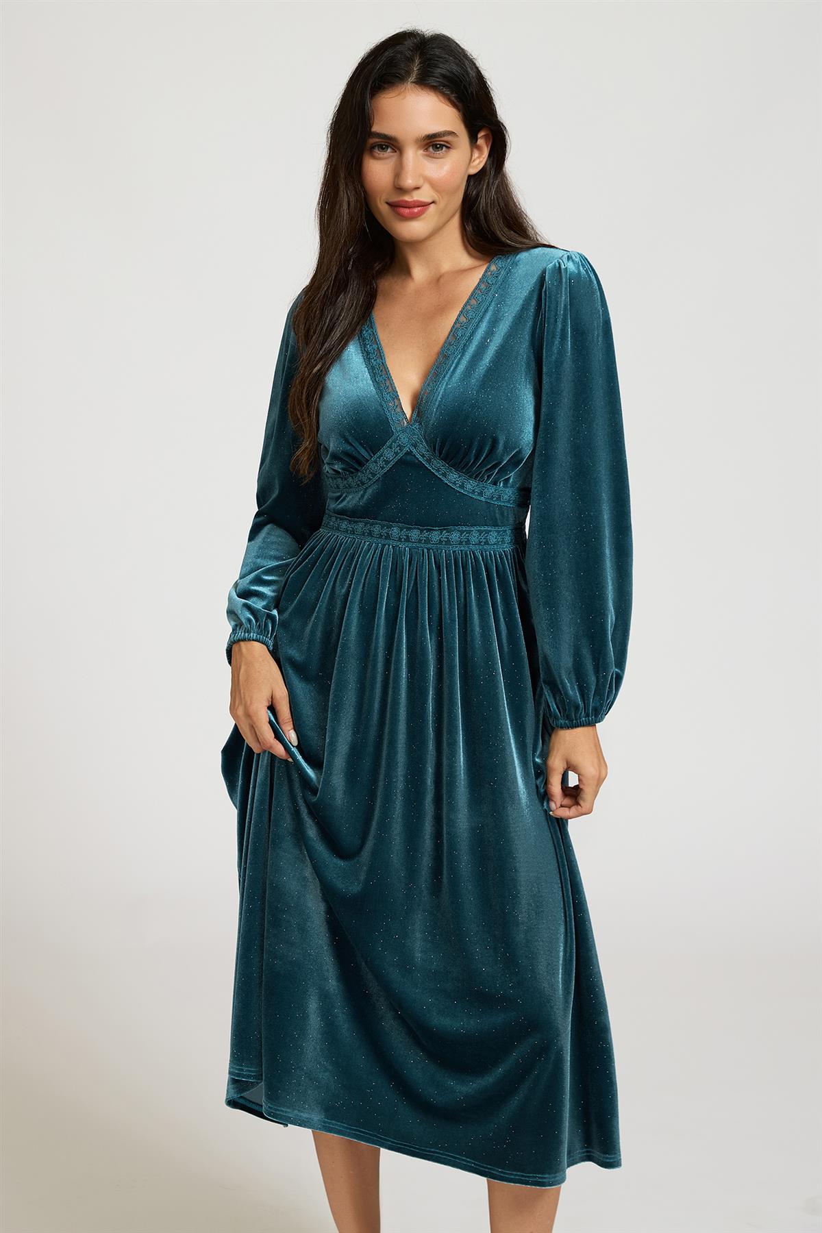 Silver Foil Velvet Lace Trim Neckline Midi Dress In Teal FS906