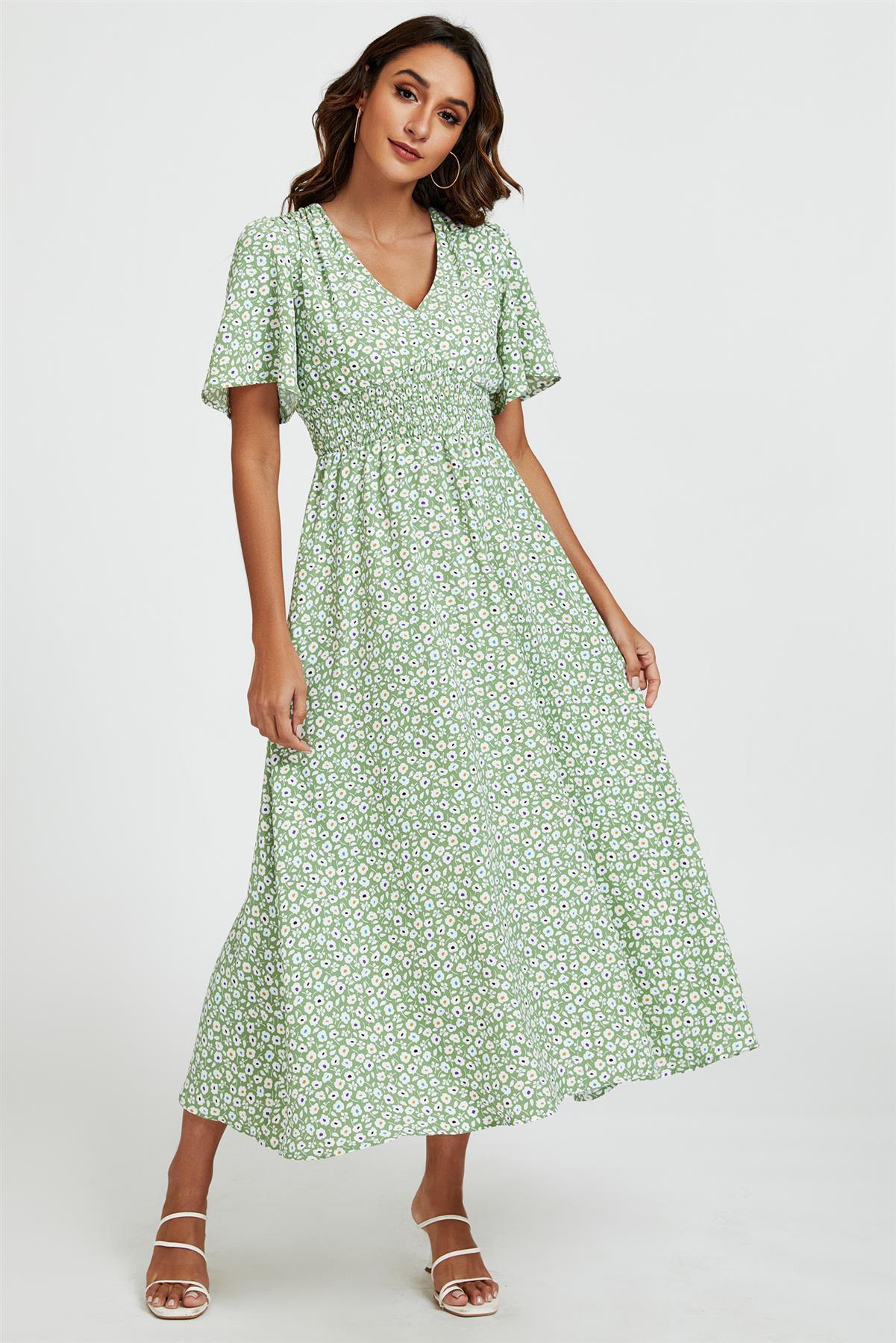 Multi Floral Print V Neck Midi Dress In Green FS763-GMF