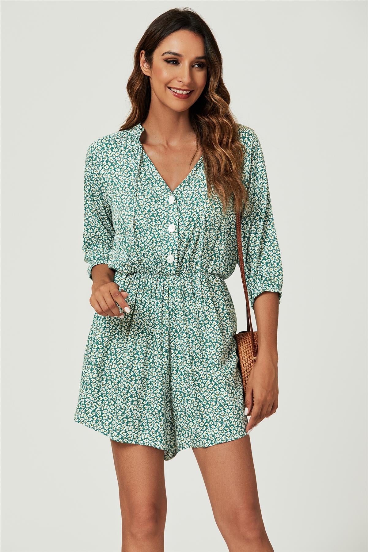 Daisy Floral Print Boho Playsuit With Buttons In Green TT052-GreenDaisy