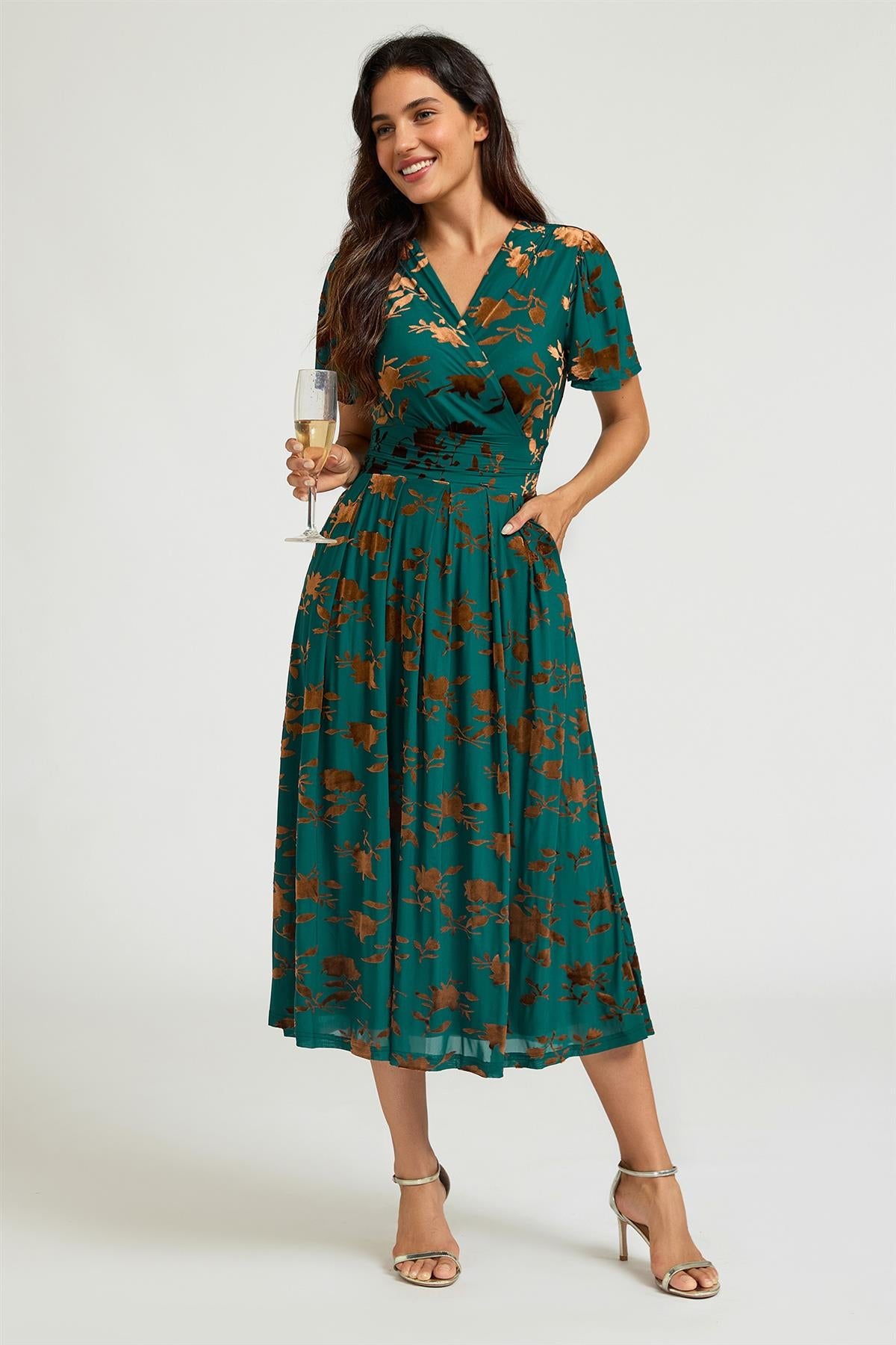Velvet Flock Short Sleeve Midi Dress In Jade Green FS987
