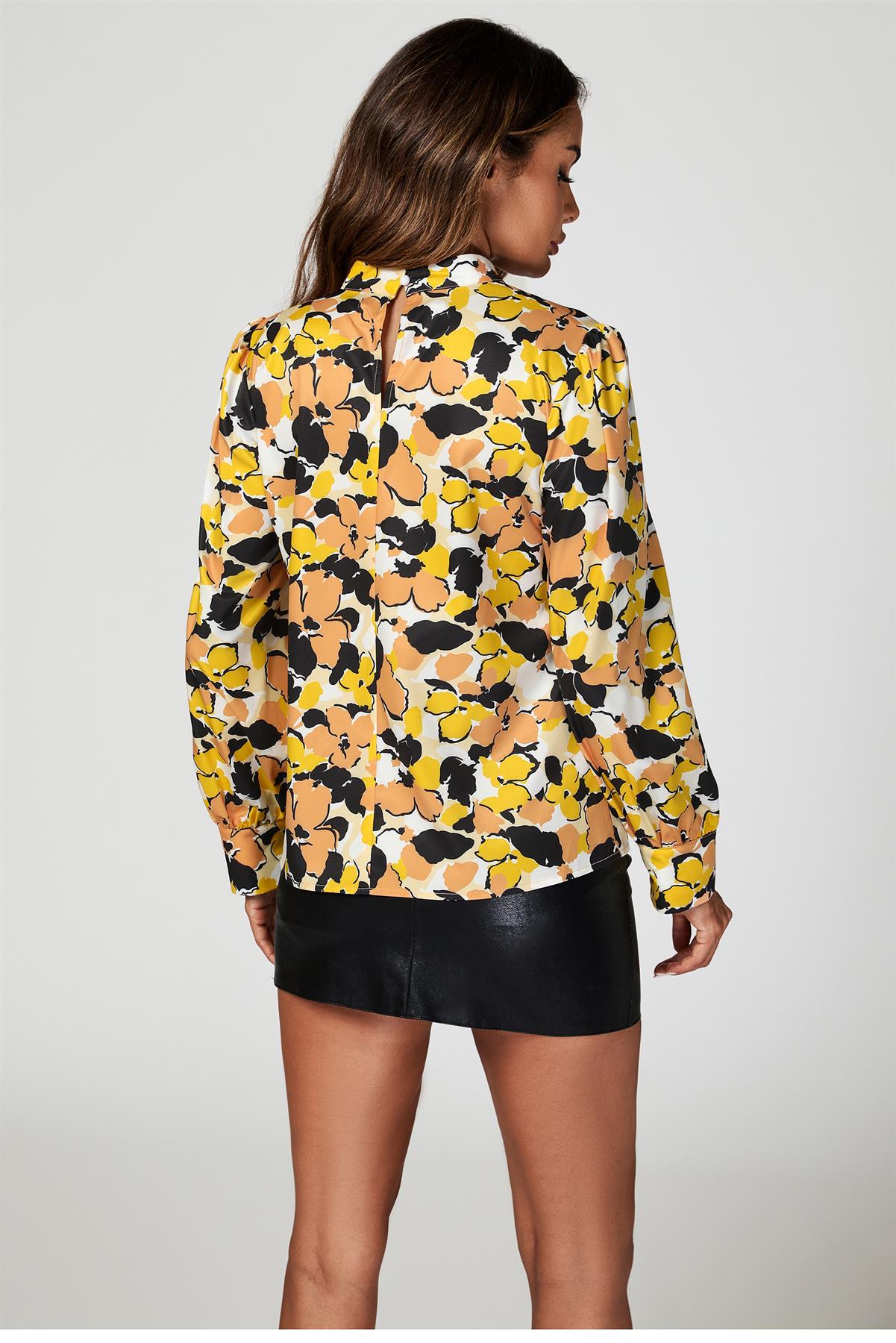 Floral Print Long Sleeve High Neck Top In Yellow FS616