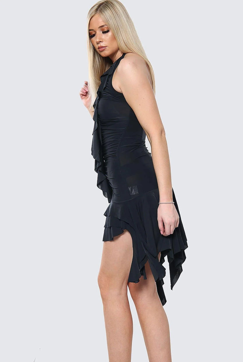 Ruched Ruffle Front Frill Detail Bodycon Mini Dress AV00049