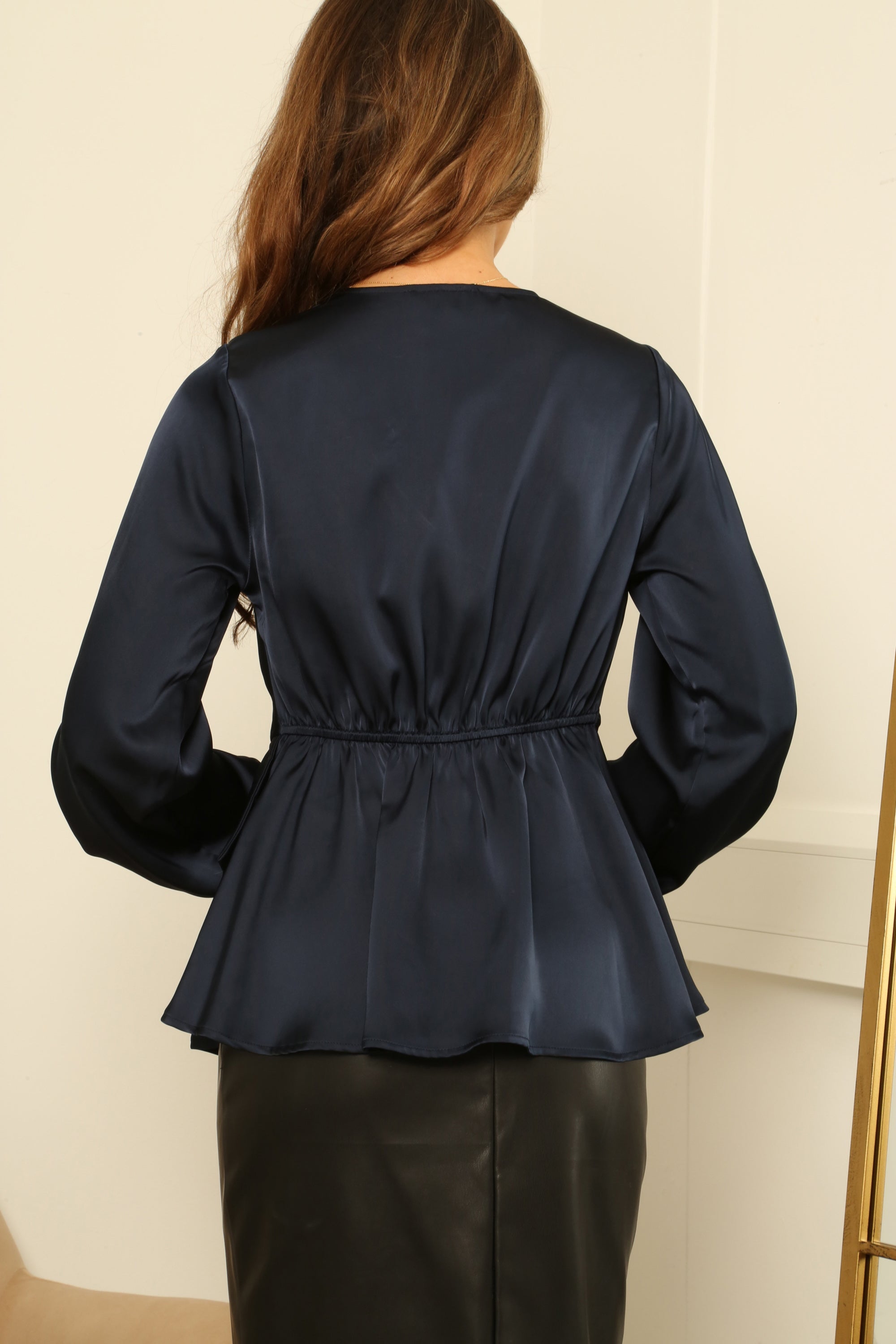 Navy Wrap Frill Front Satin Top TO0000385