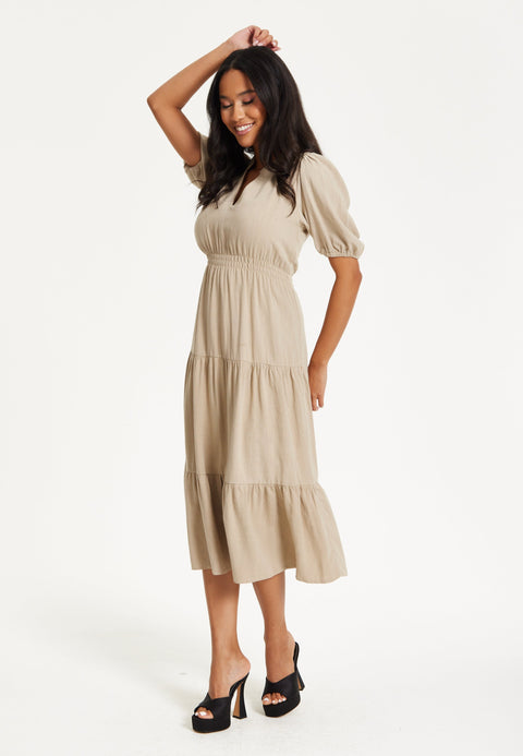 Liquorish Beige Puff Sleeve Tiered Midi Dress