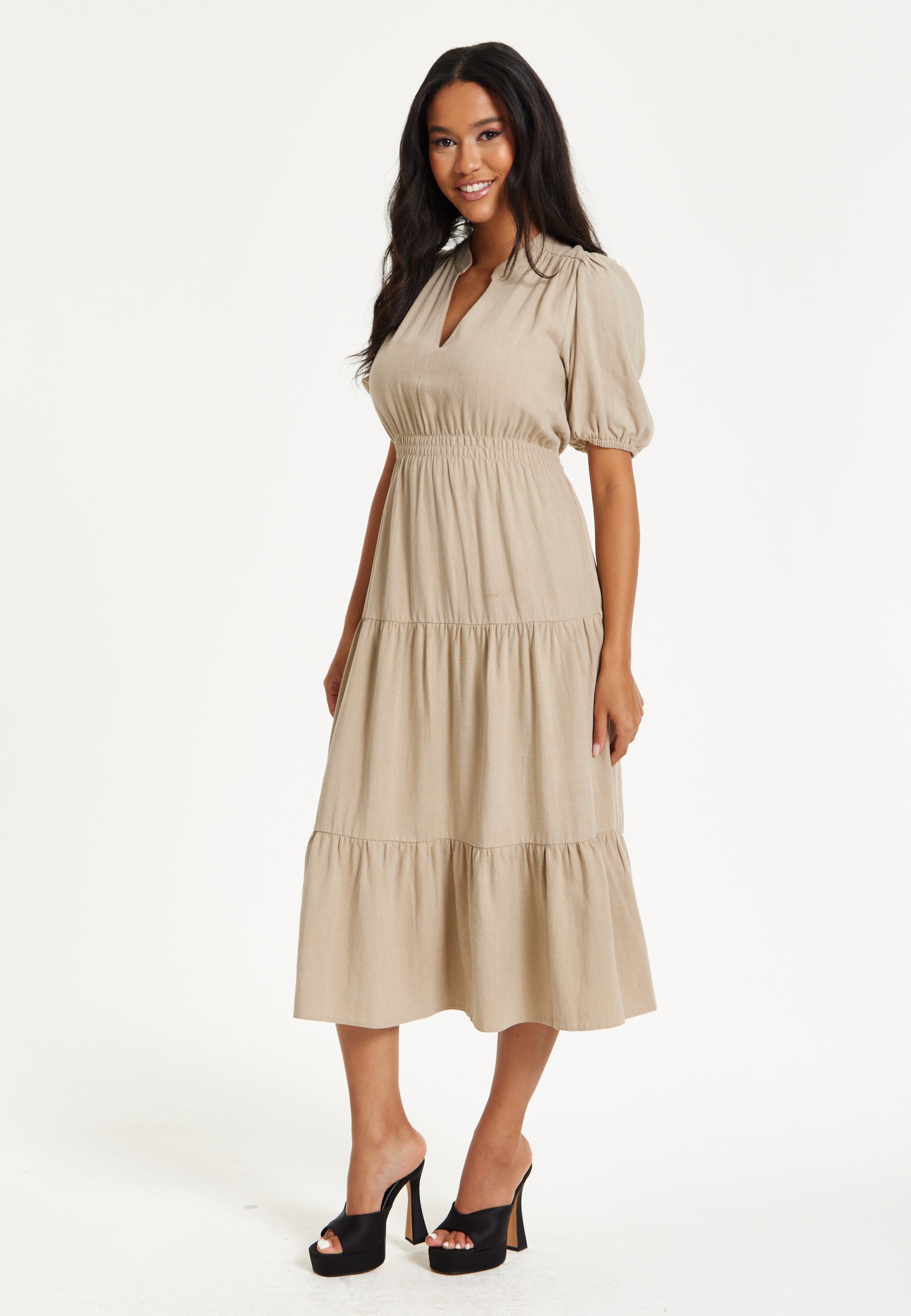 Beige Puff Sleeve Tiered Midi Dress 25SS8887023