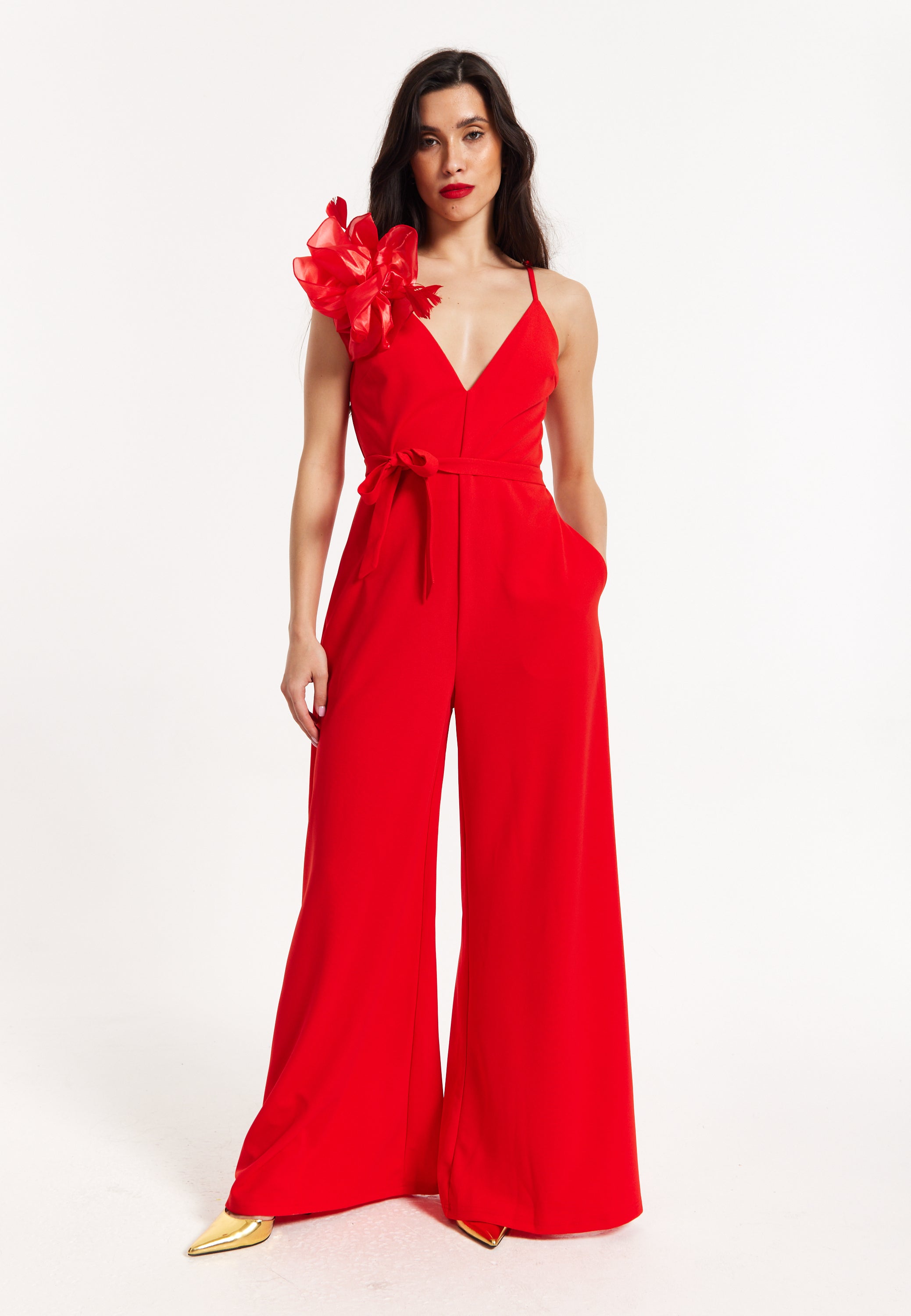 Red Floral Shoulder Wide-Leg Jumpsuit 25SS-87003