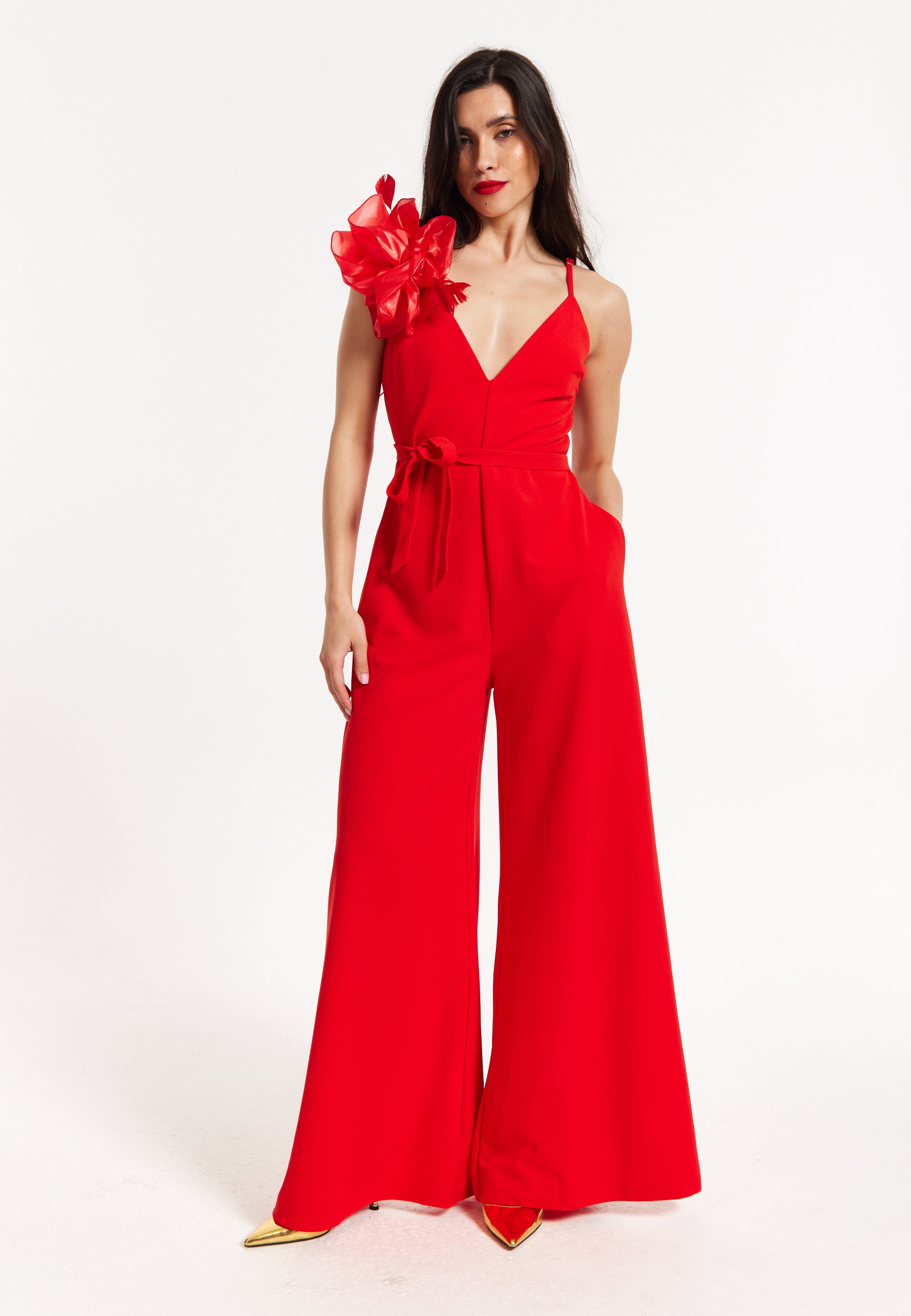 Red Floral Shoulder Wide-Leg Jumpsuit 25SS-87003