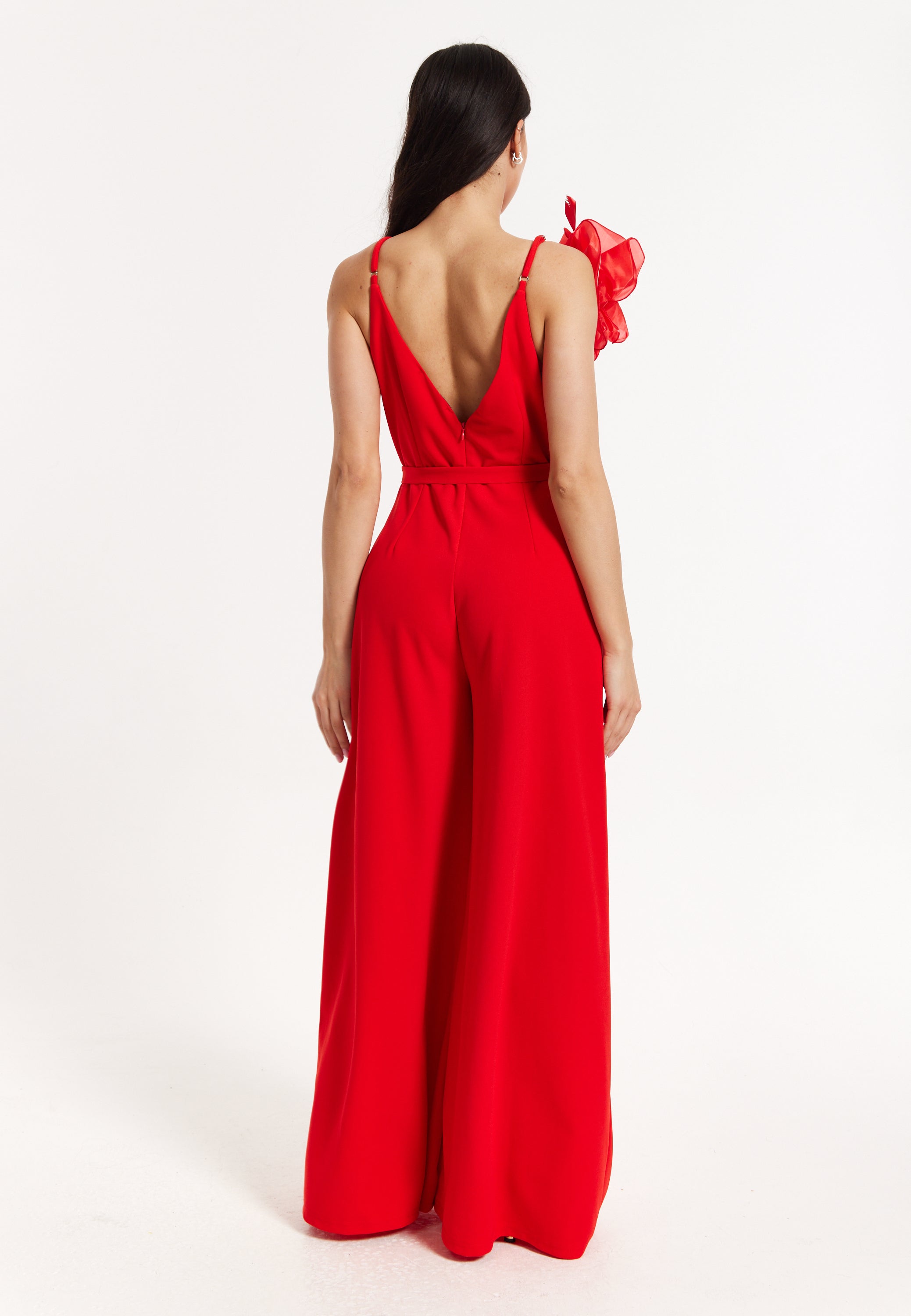 Red Floral Shoulder Wide-Leg Jumpsuit 25SS-87003
