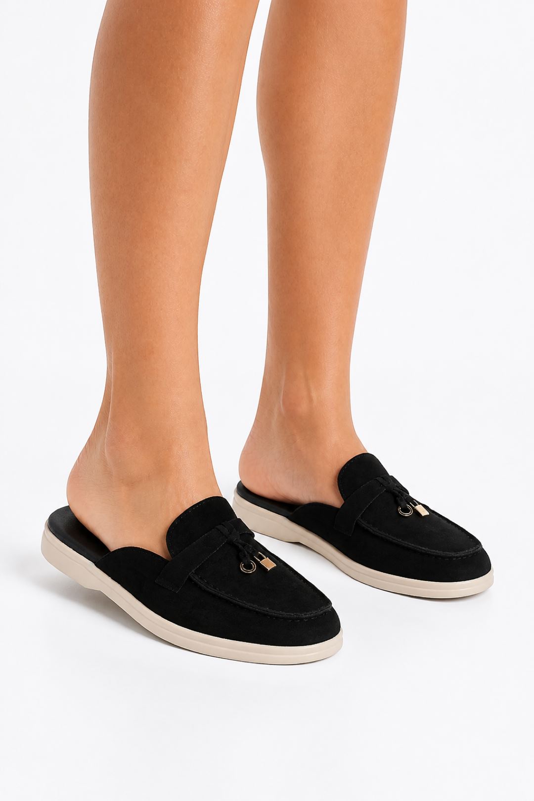 Adaloria Padlock Charm Backless Flat Loafers In Black White Sole PANTHER2-BLKWHTS