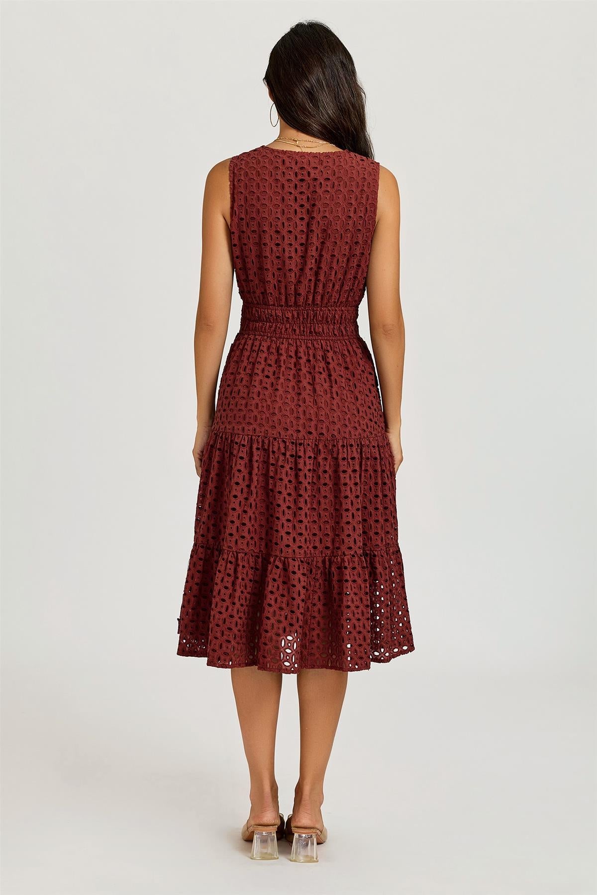 Sleeveless Broderie Anglaise Midi Dress In Rust FS982