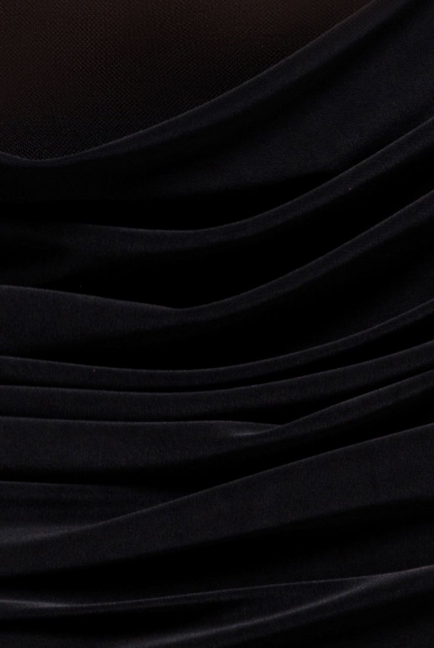 Gathered Off The Shoulder Mesh Waist Panel Maxi Dress - Black DR4857
