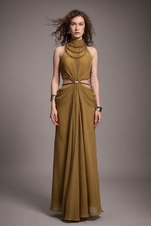 High-Neck Braided Cut-Out Draped Chiffon Maxi Dress by Skye&Iris