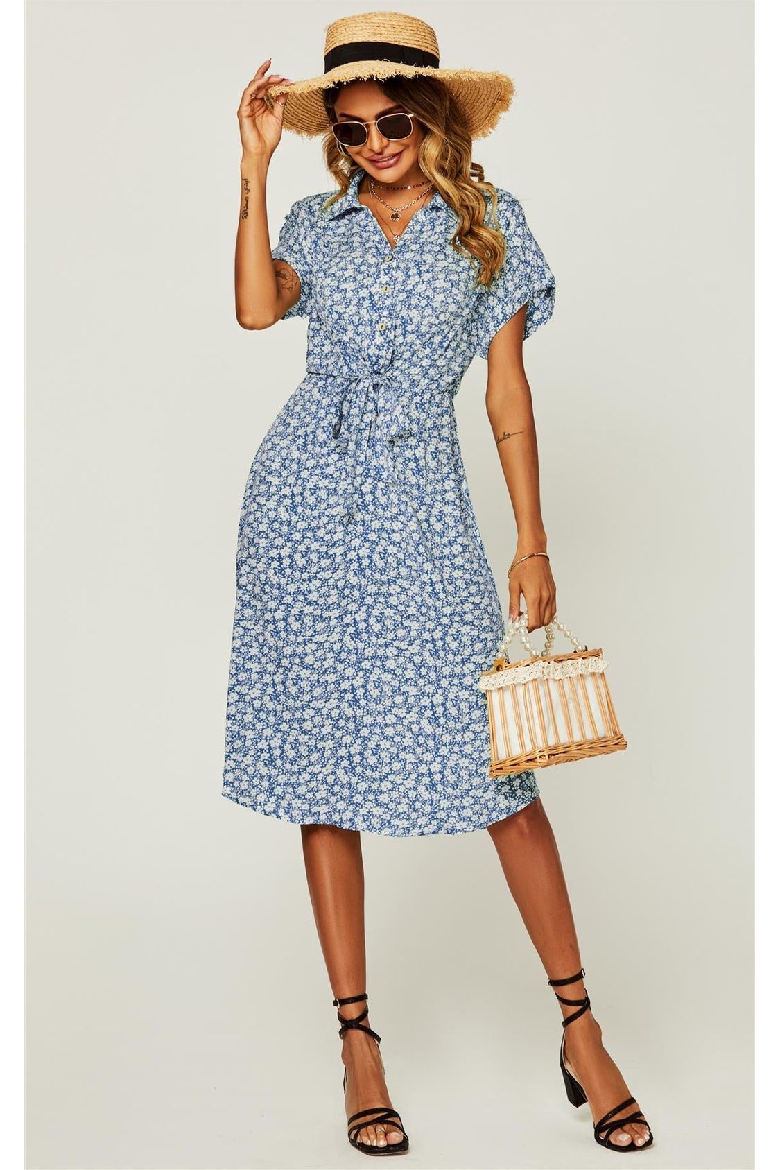 Relaxed Floral Print Button Down Midi Shirt Dress In Blue FS236-BlueFloral