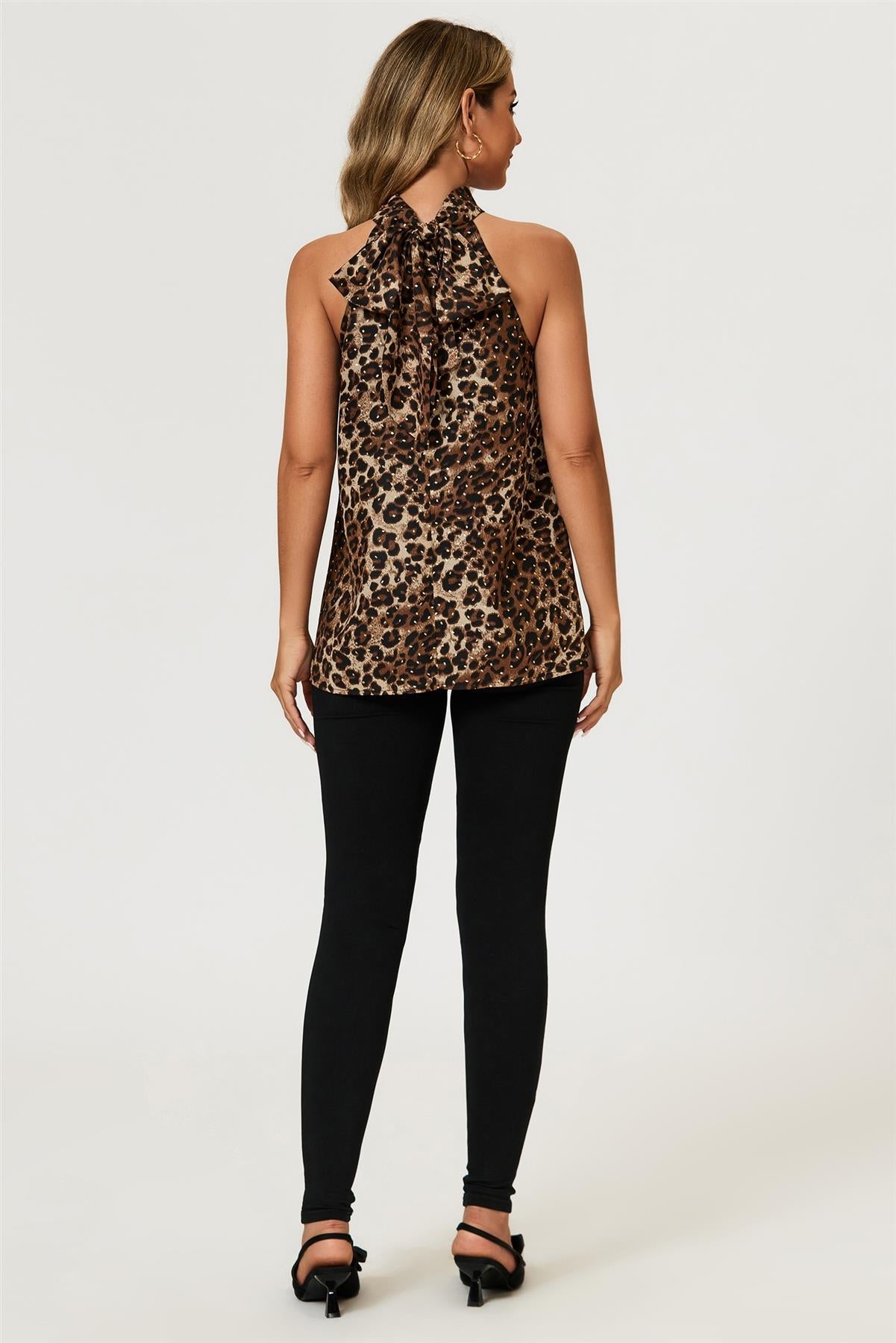 Leopard Print Foil Halter Neck Tie Back Top In Brown FS21180-LPF
