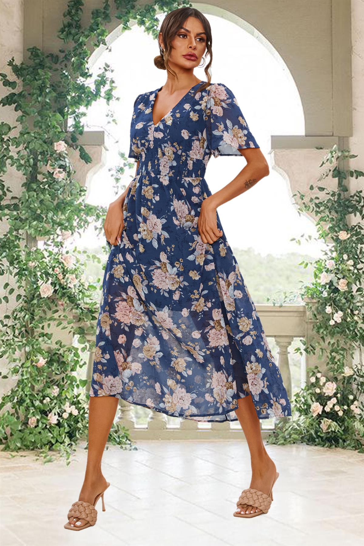 Floral Print Angel Sleeve Maxi Dress In Blue FS641-BlueF