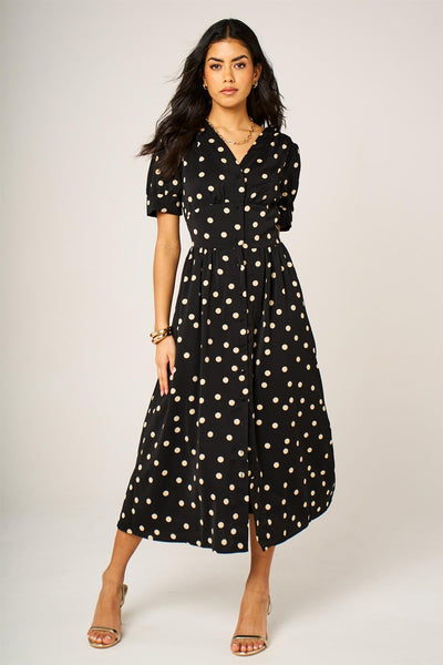 Black - Dot Print Button Front Midi Dress In Black With Puff Sleeves by FS Collection