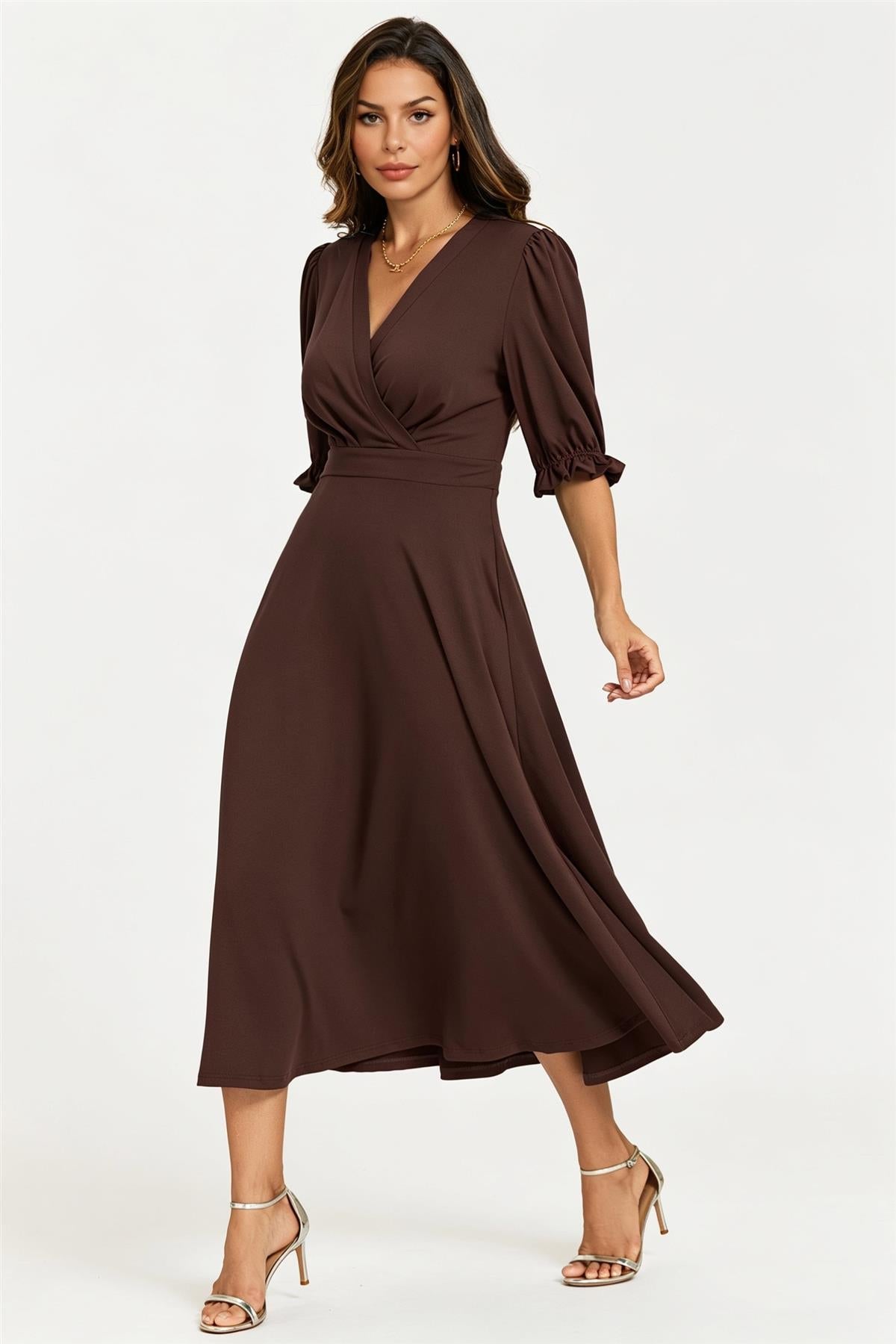 Half Sleeves Jersey Midi Dress With Wrap Neckline In Chocolate FS898