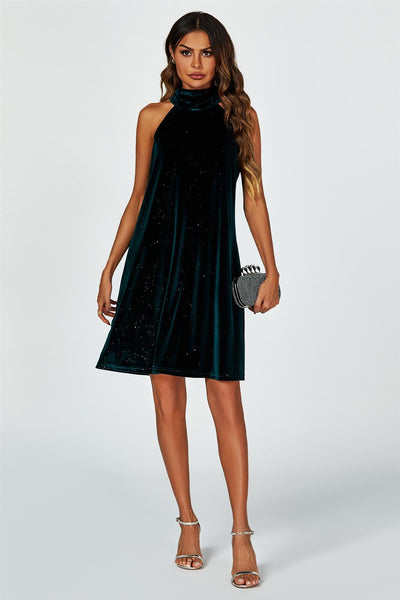 Green - Silver Foil Velvet Halter Neck Tie Back Mini Dress In Green by FS Collection