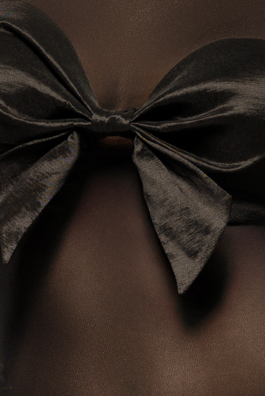 Long Sleeve Mesh Sleeveless Taffeta Bow Top - Black T266