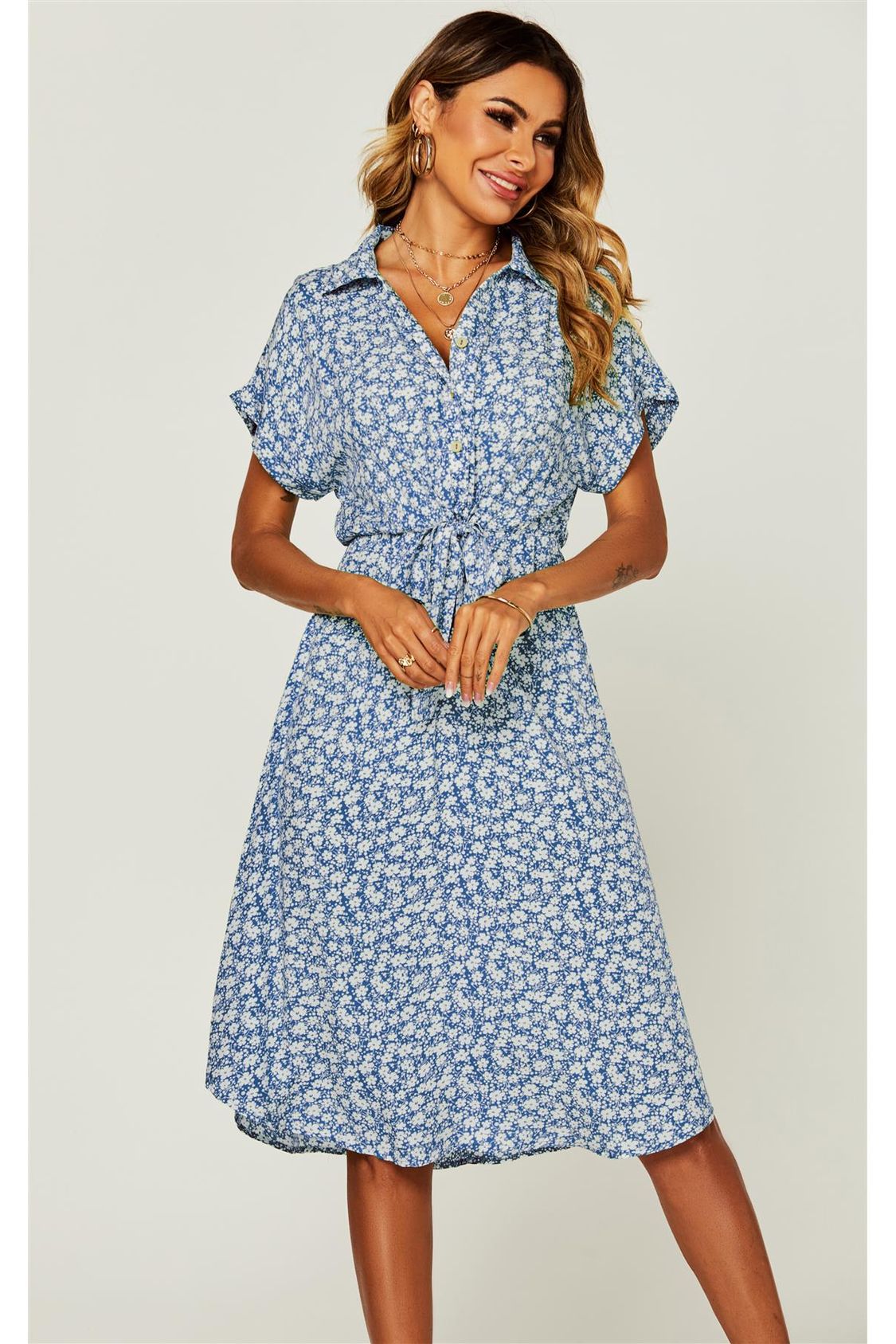 Relaxed Floral Print Button Down Midi Shirt Dress In Blue FS236-BlueFloral