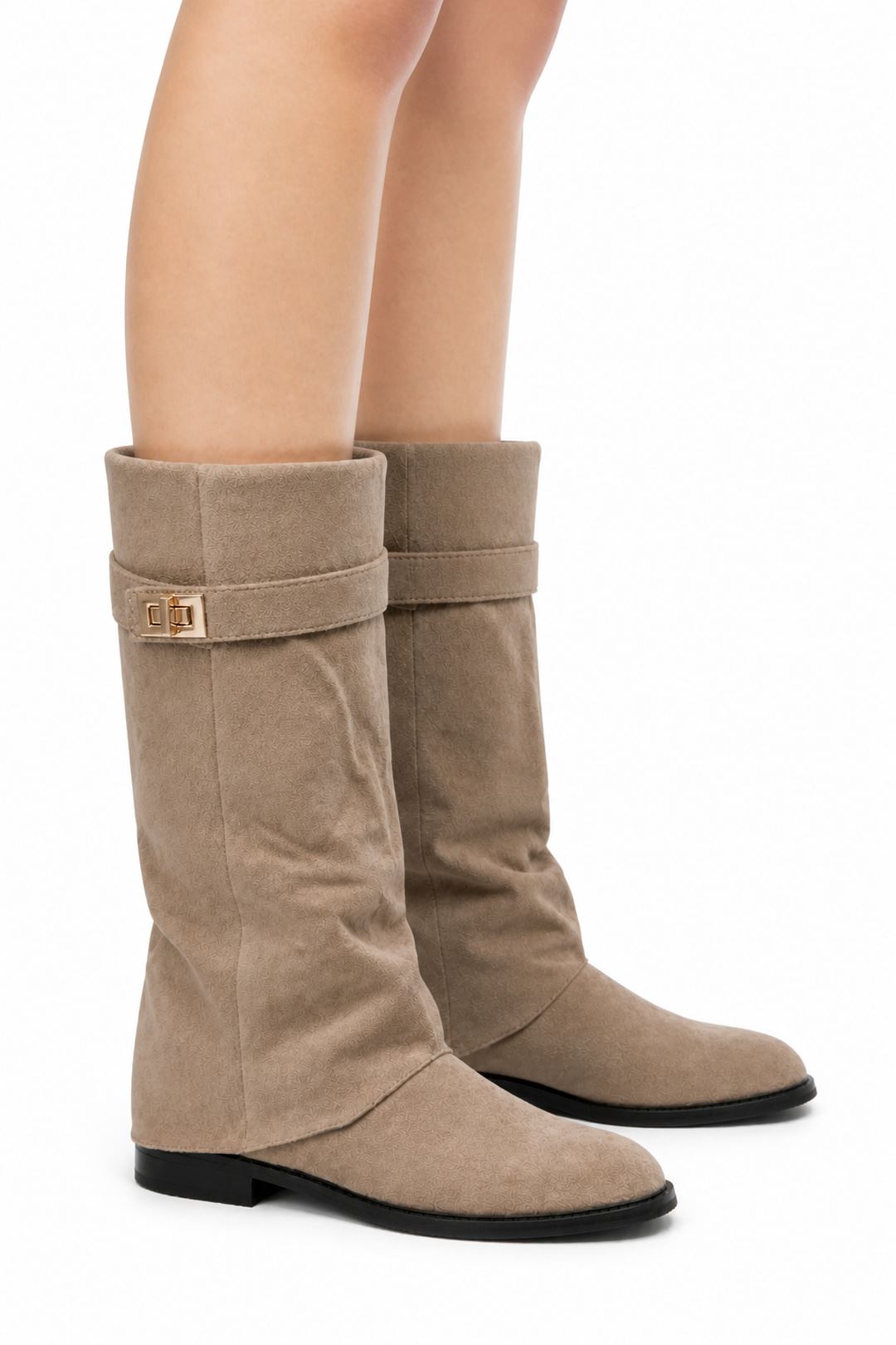 Isley Round Toe Gold Trim Buckle Fold Over Knee High Boots In Taupe Suede WISPA15-TAUSU