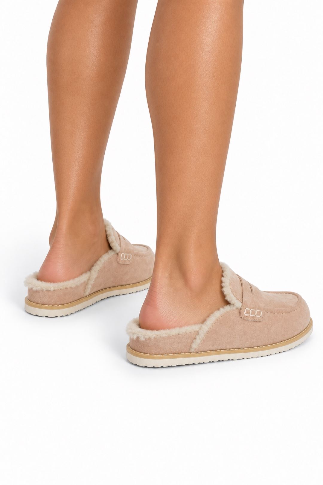 Alviera Fur Detail Backless Mule Loafer Slippers In Beige DONALD1-BEISU