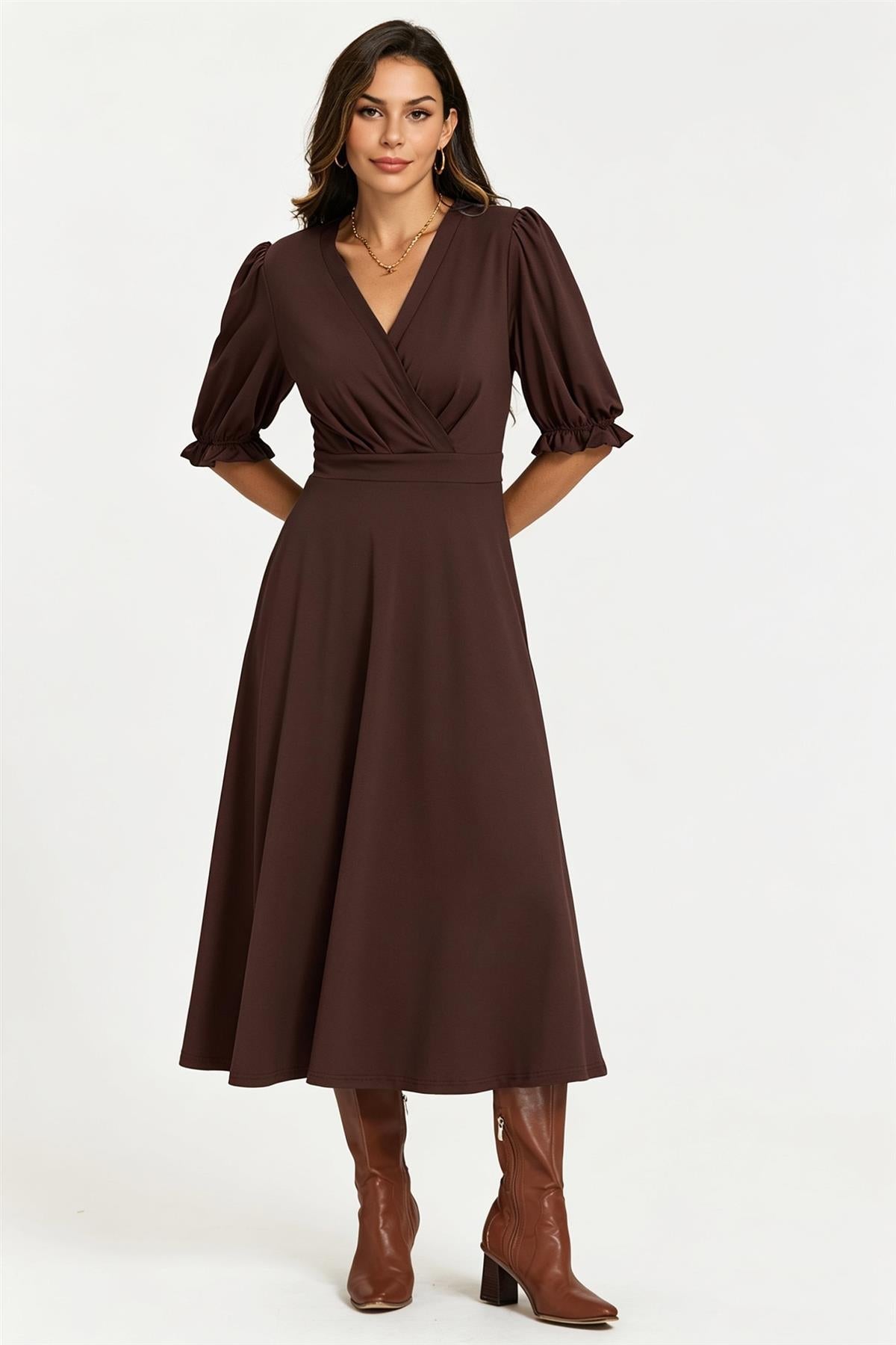 Half Sleeves Jersey Midi Dress With Wrap Neckline In Chocolate FS898