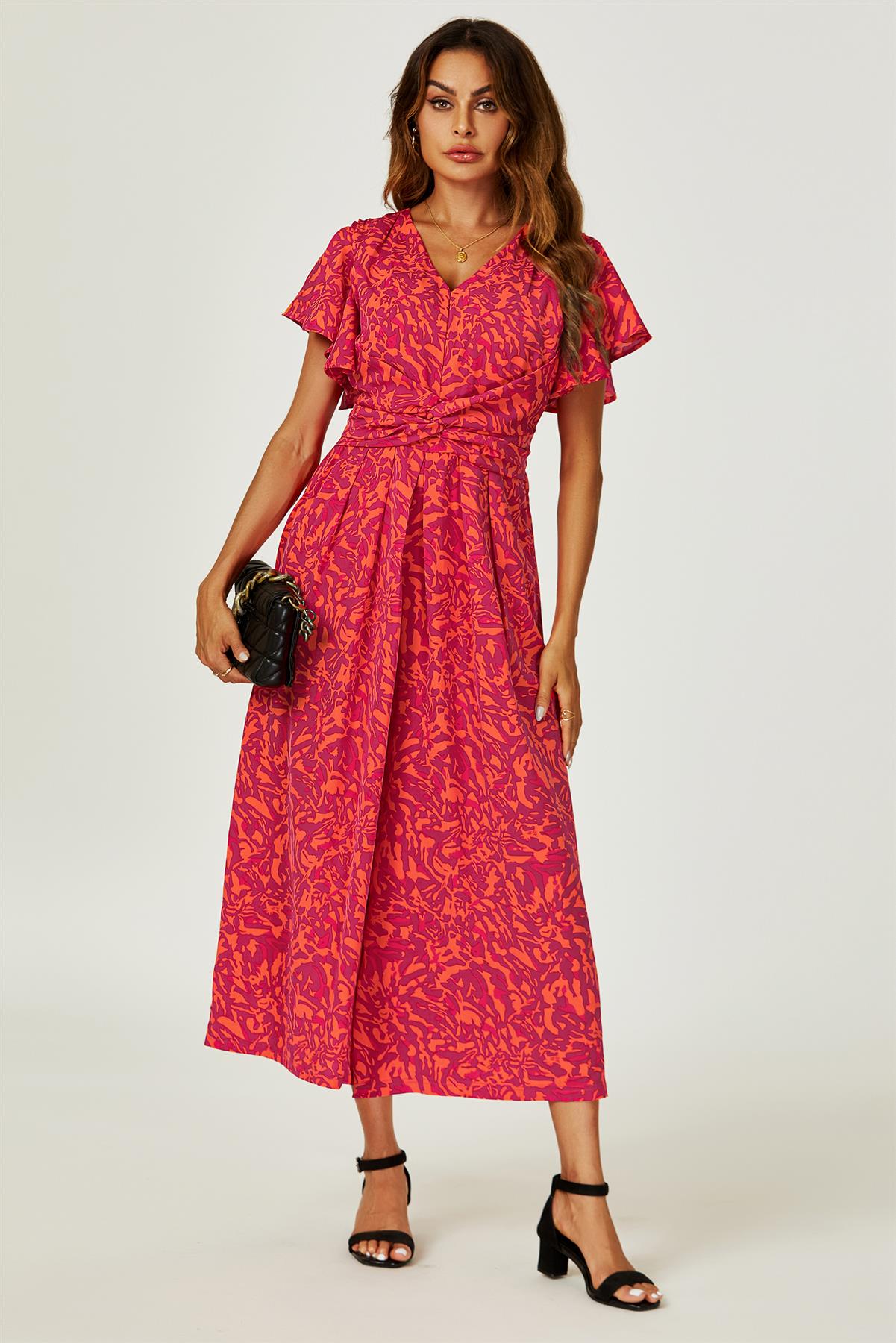 Printed Wide Leg Twist Jumpsuit In Fuchsia FS749-ROAP