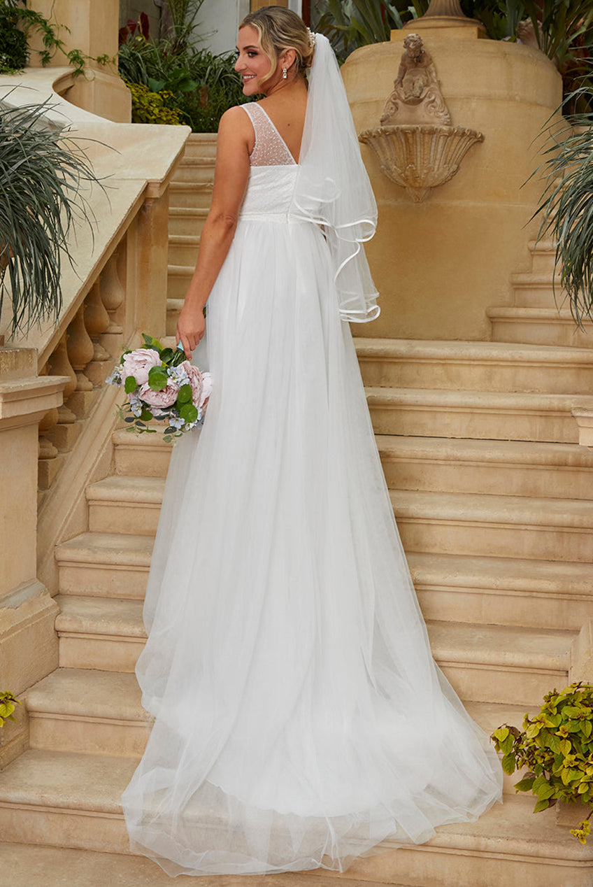 Sequin Bodice Tulle Maxi Wedding Dress In White 90166WH