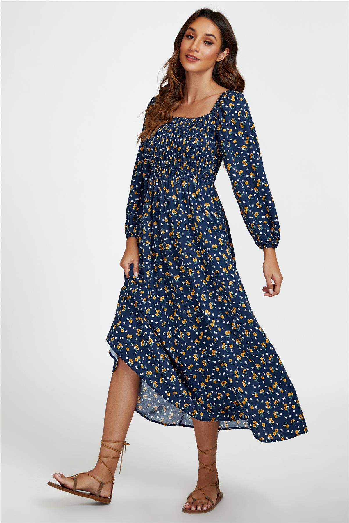 Floral Print Square Neck Maxi Dress In Dark Blue FS794-DBYF