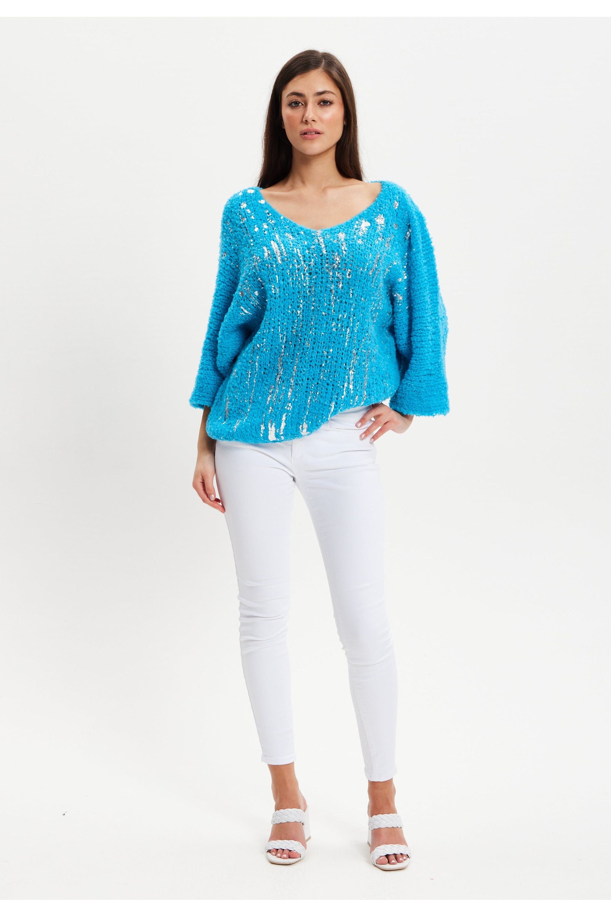 Blue Loose Knit Jumper With Metallic Detail UAL004