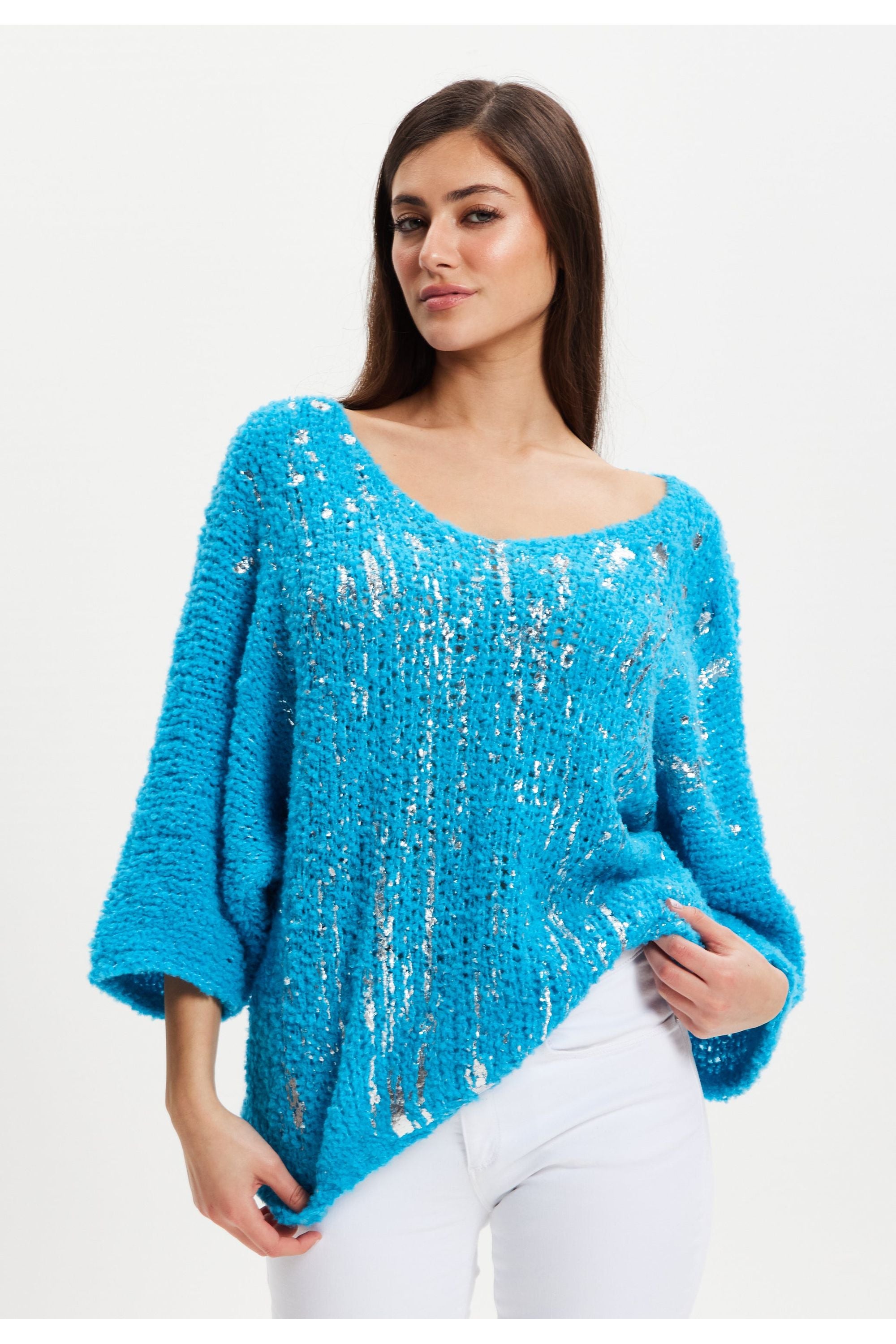 Blue Loose Knit Jumper With Metallic Detail UAL004