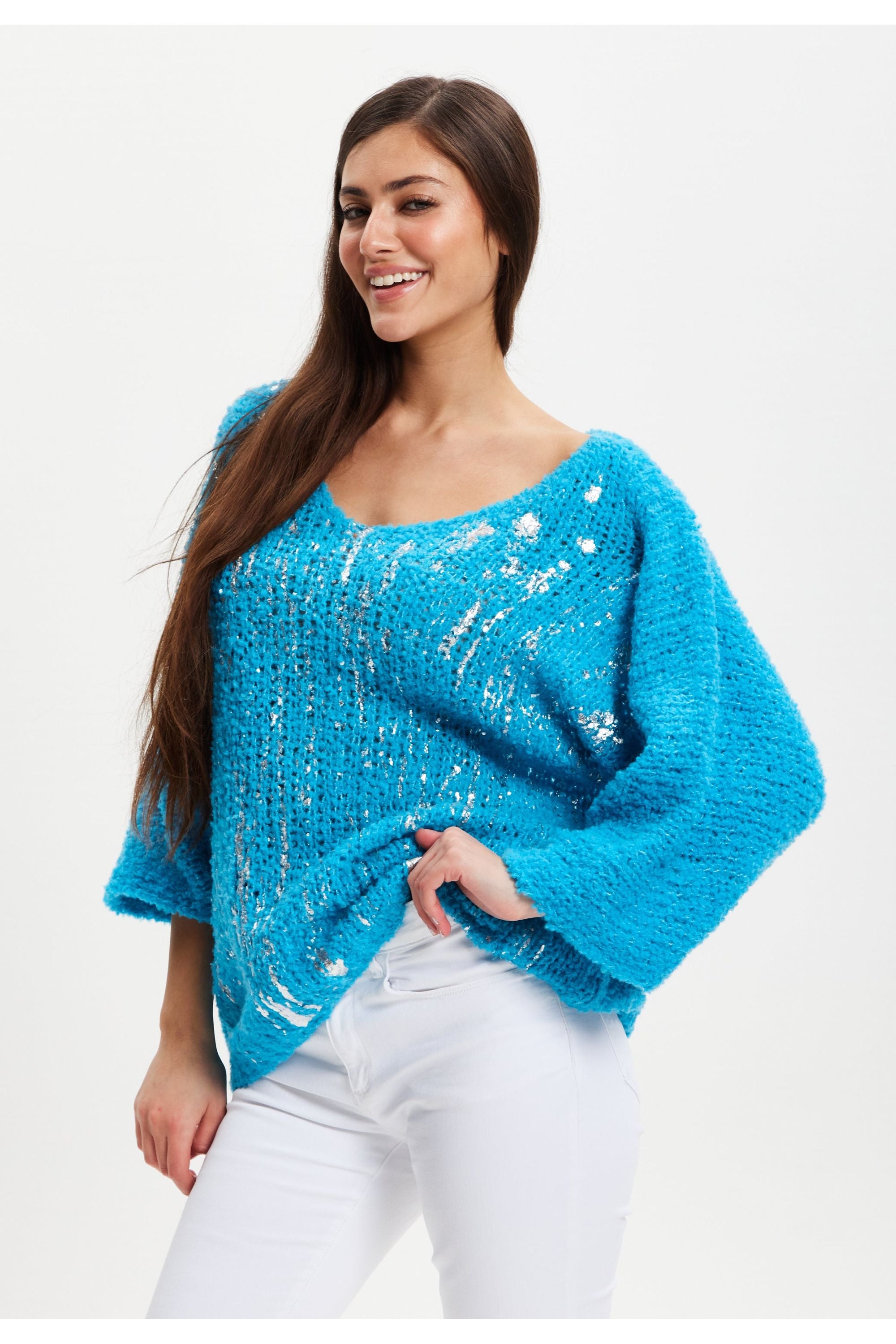 Blue Loose Knit Jumper With Metallic Detail UAL004