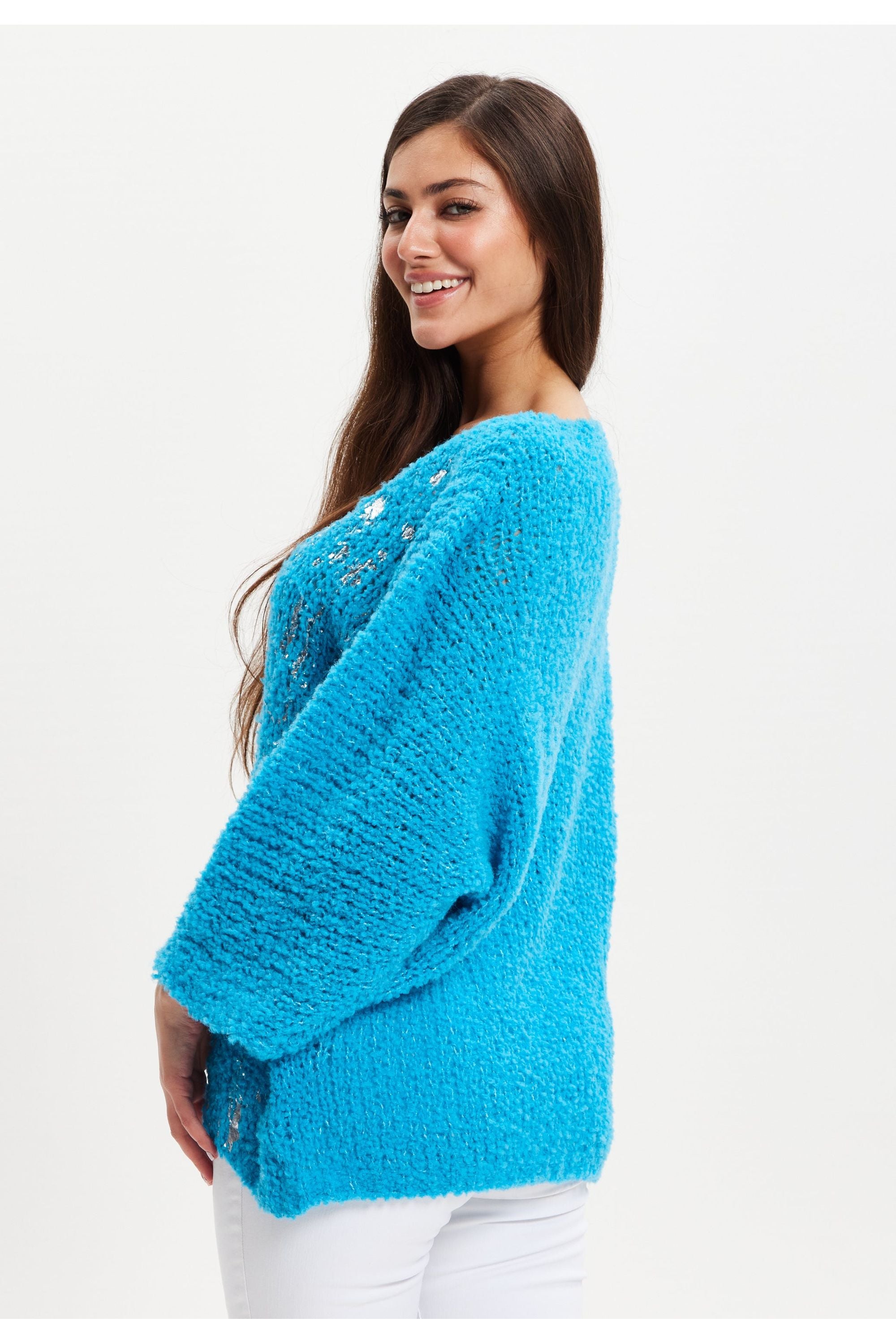 Blue Loose Knit Jumper With Metallic Detail UAL004