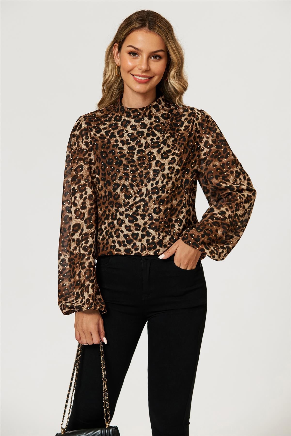 Leopard Print Foil Long Sleeve High Neck Top In Brown FS628-LPF