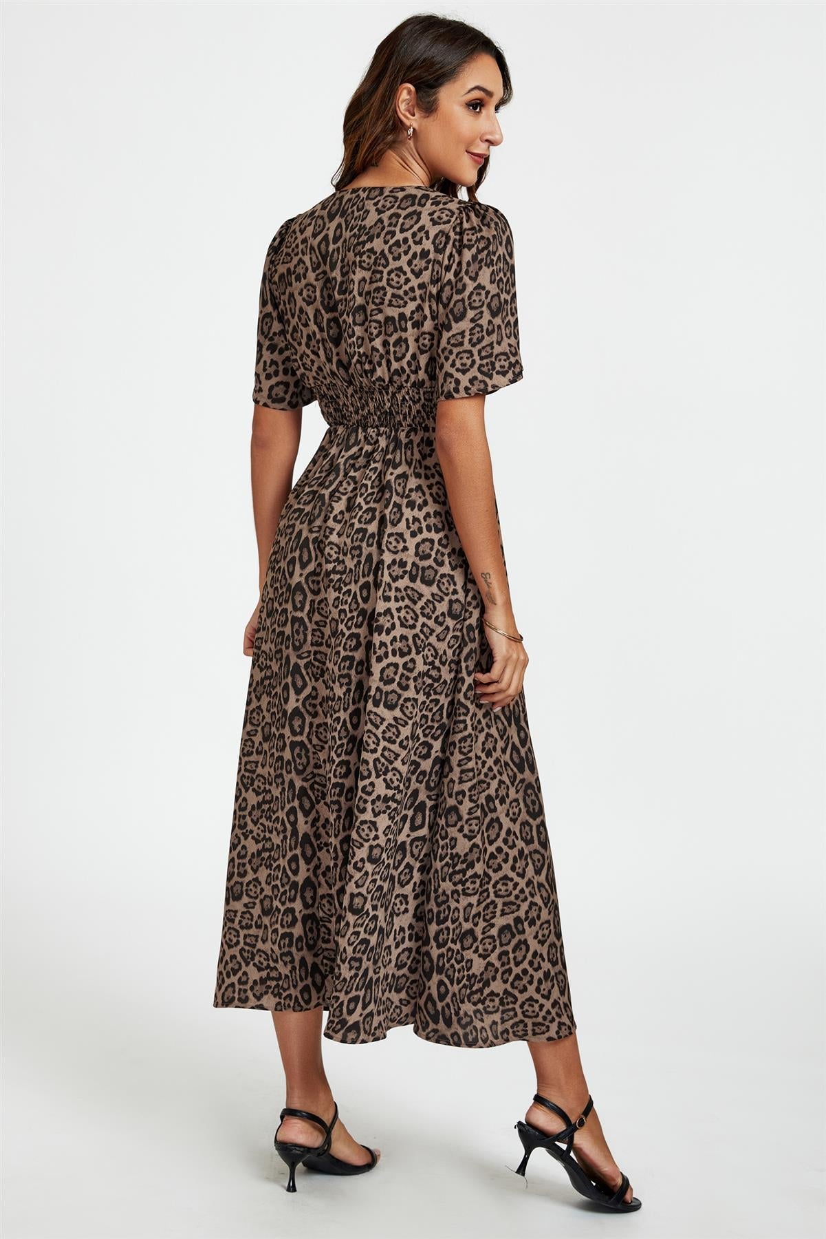 Leopard Print V Neck Midi Dress In Brown FS763-BrownLeopard