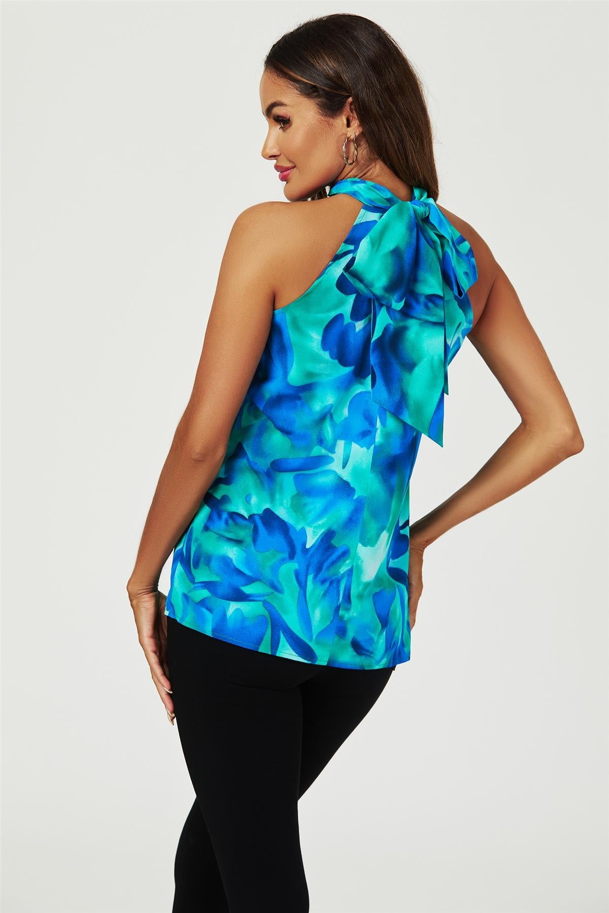 Abstract Floral Print Halter Neck Tie Back Top In Blue FS557-BlueFloral