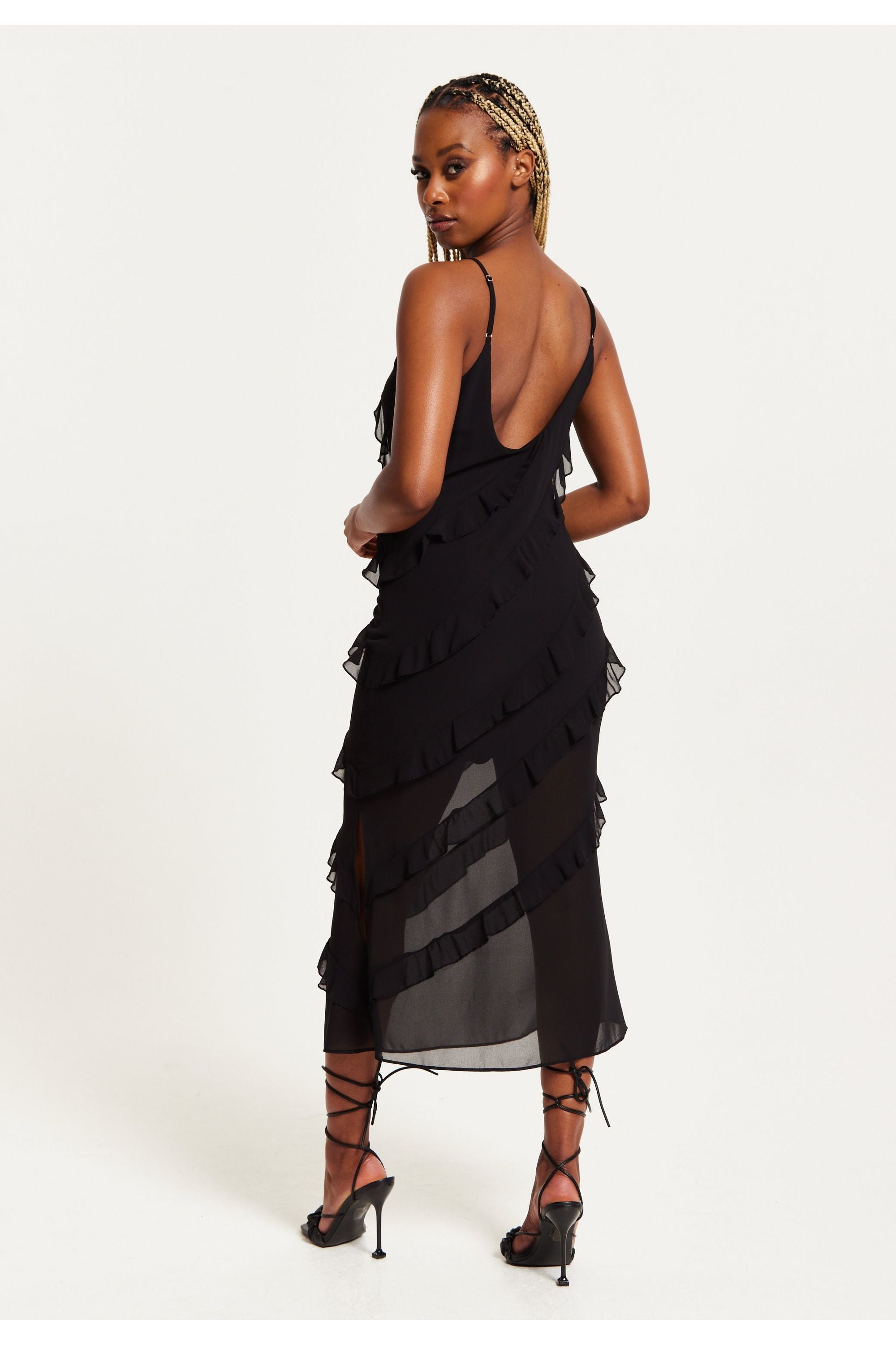Diagonal Frill Strap Midi Dress In Black DML010002