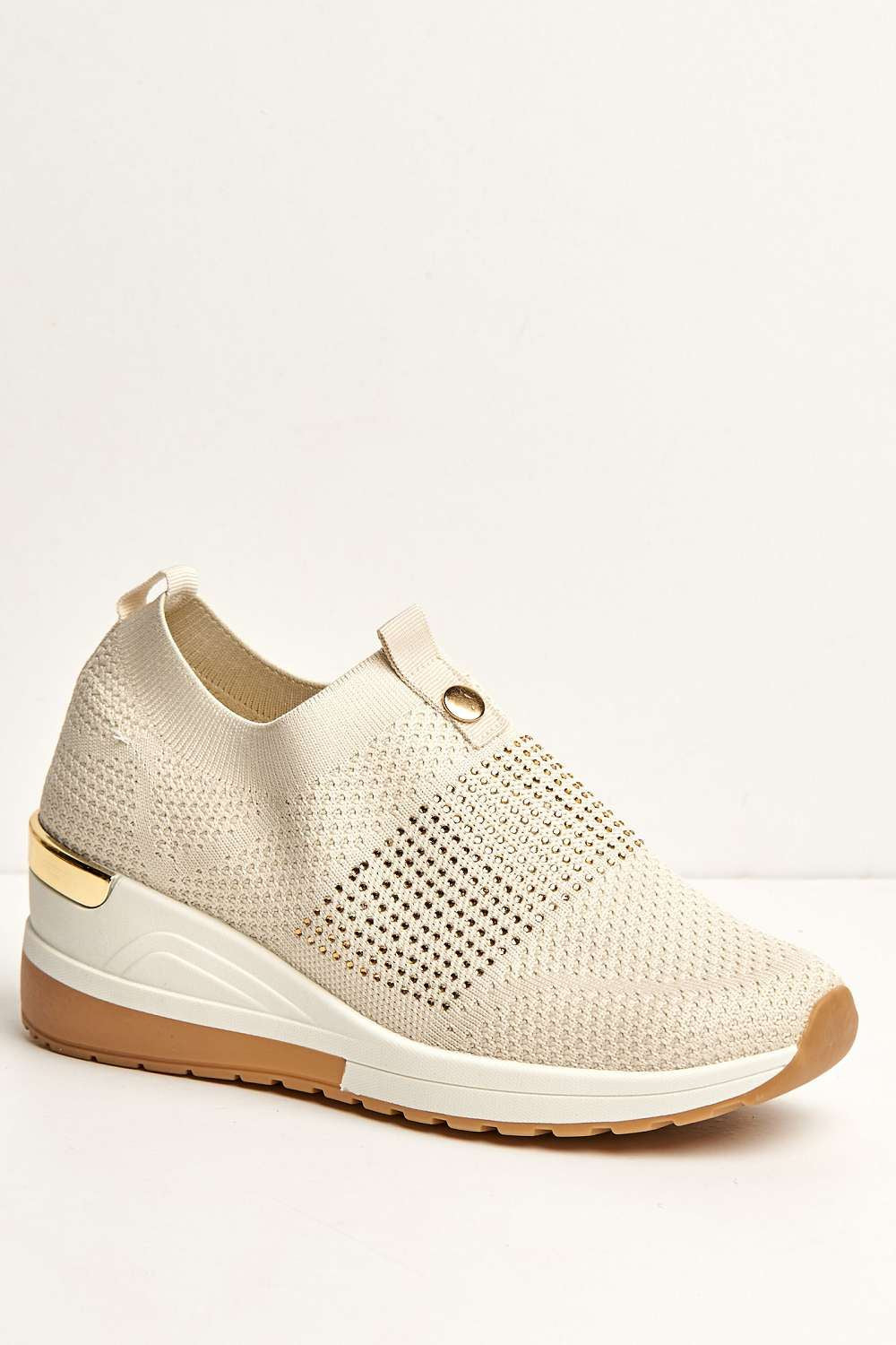 Ember Diamante Embellished Slip On Trainers In Beige CEDAR2-BEI