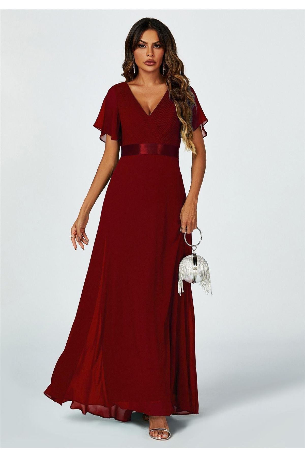 Angel Sleeves Empire Waist Bridesmaid Dress In Wine FS634