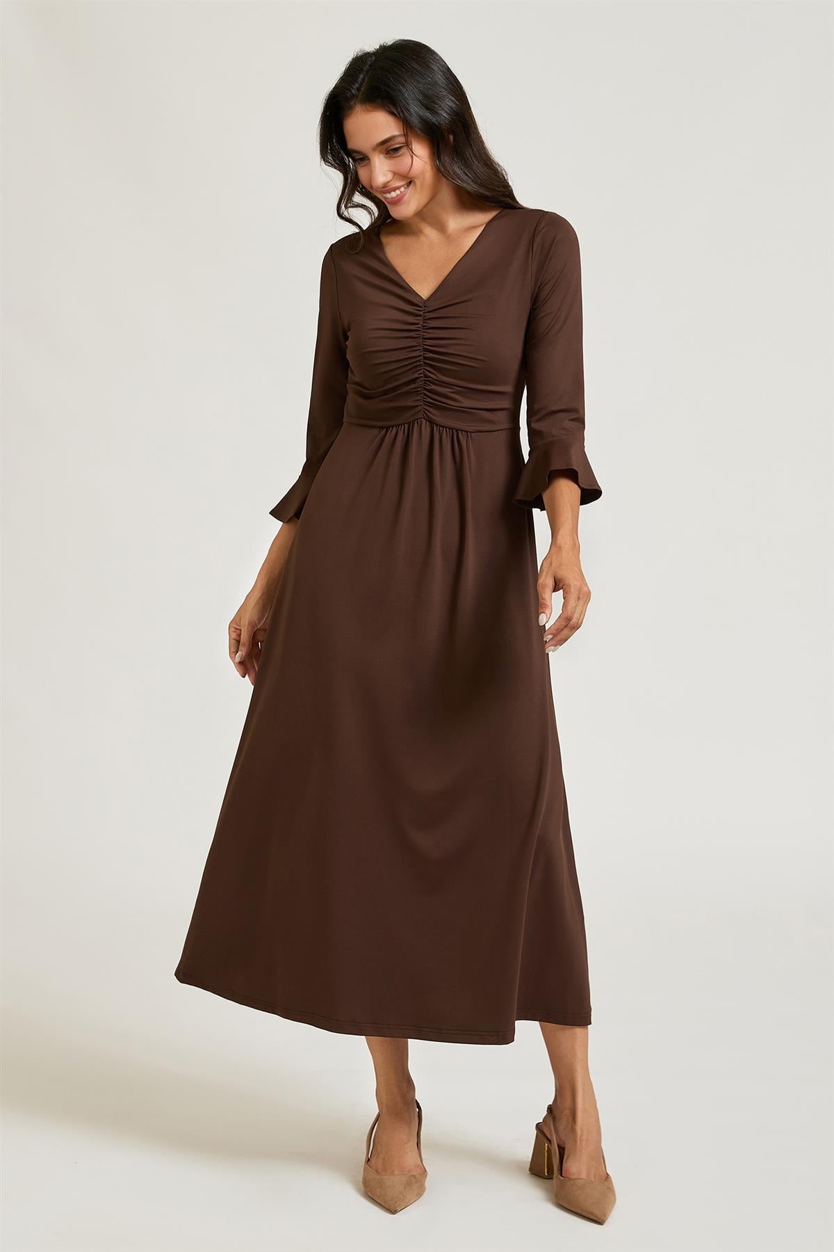 Fluted Sleeves Ruched Jersey Midi Dress In Brown FS992