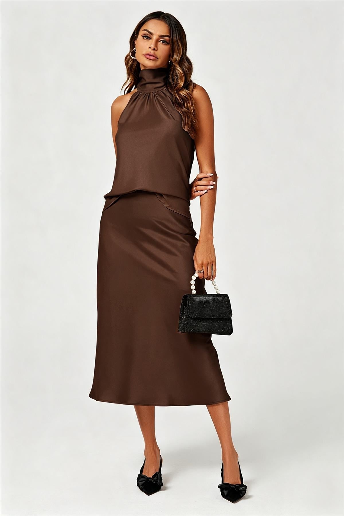 Satin Halter Neck Tie Back Top In Brown FS21180