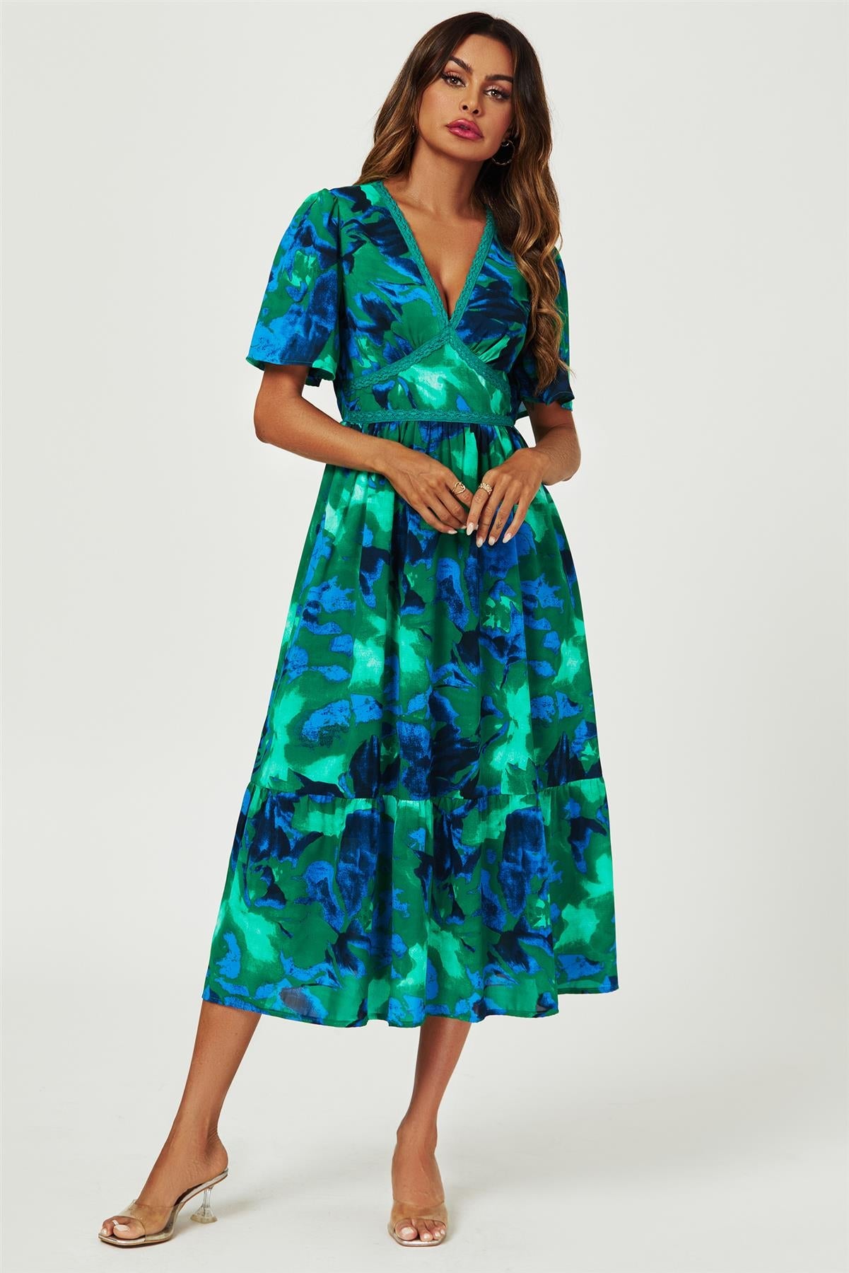 Abstract Floral Print Lace Detail Angel Sleeve Maxi Dress In Green FS661-GAF