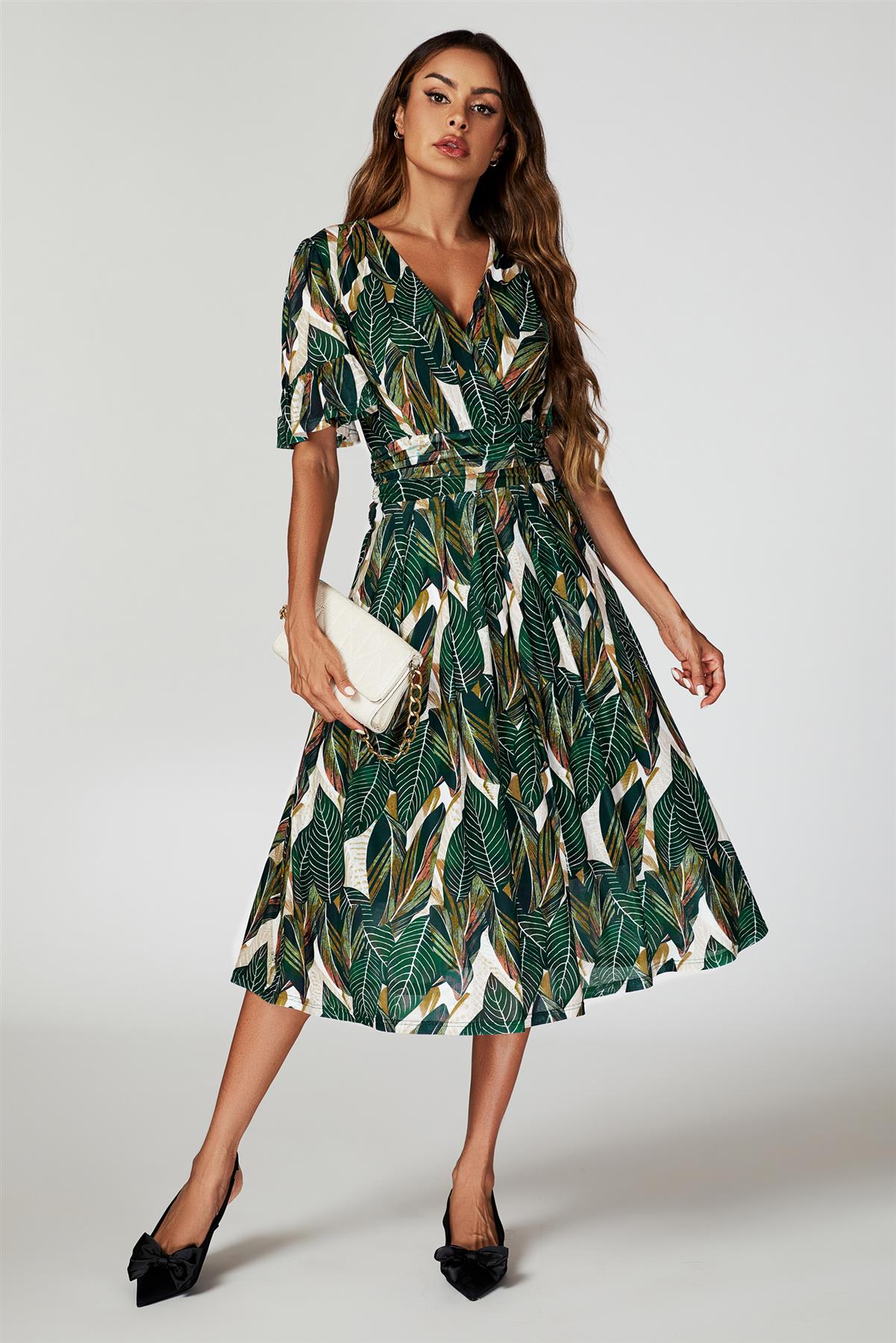 Leaf Print Mesh Midi Dress In Green FS739