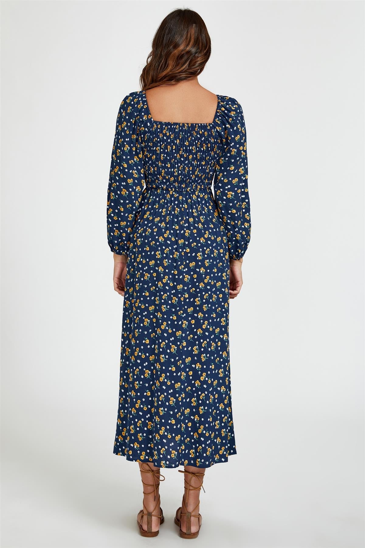 Floral Print Square Neck Maxi Dress In Dark Blue FS794-DBYF