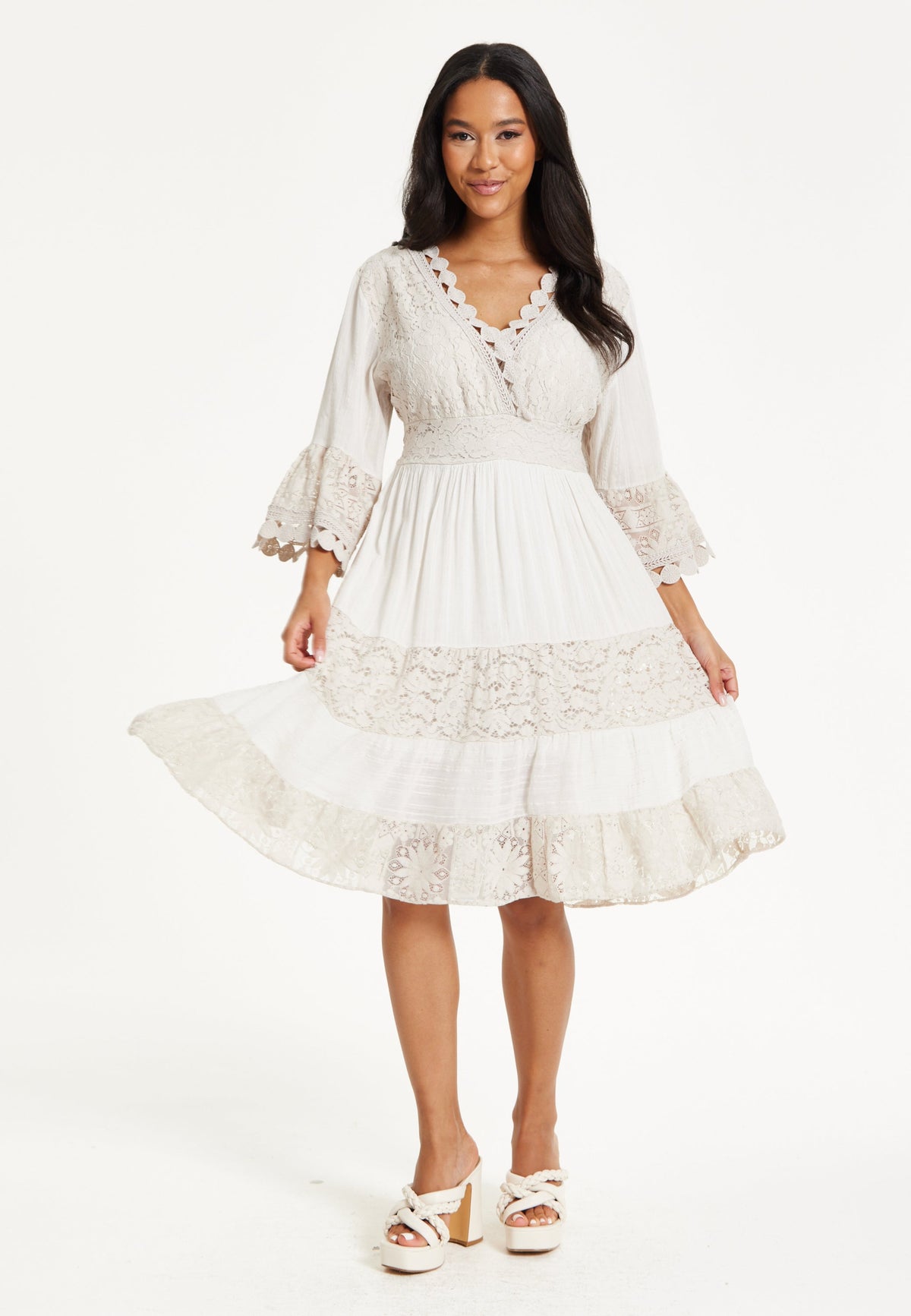 Cream Lace Trim Boho Midi Dress 25SS8897017